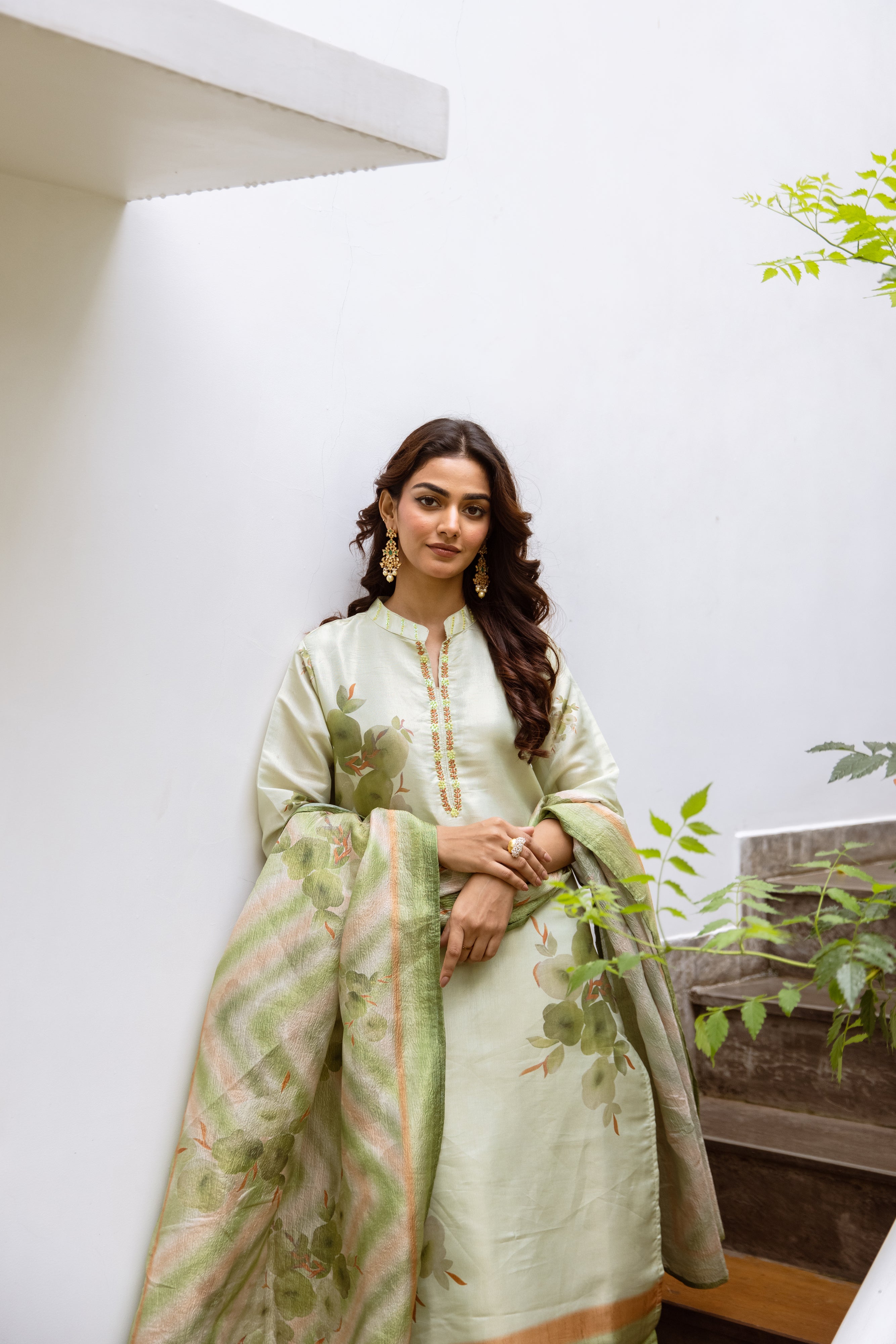 womens Green Chanderi Kurta Palazzo and Dupatta Set