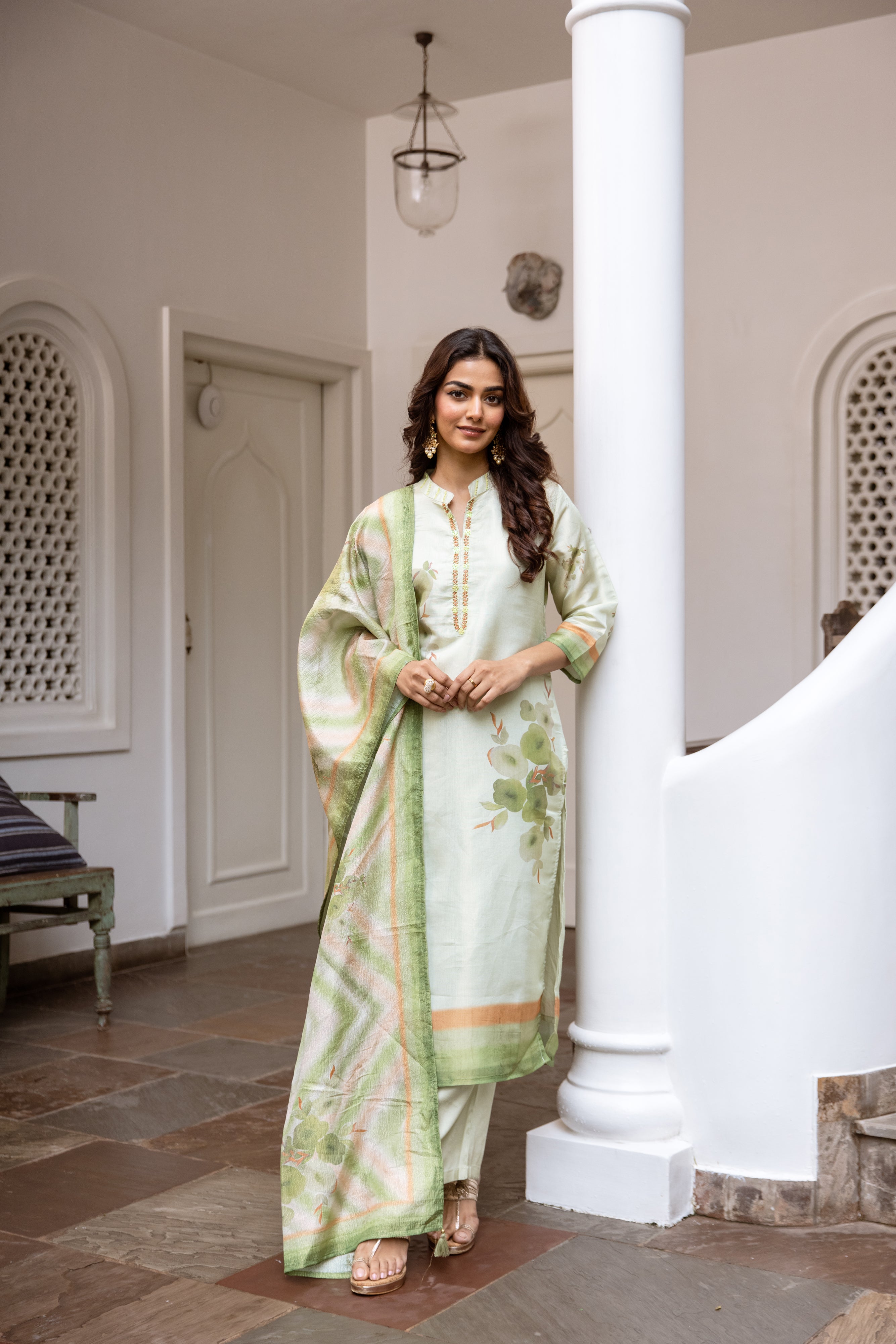 womens Green Chanderi Kurta Palazzo and Dupatta Set