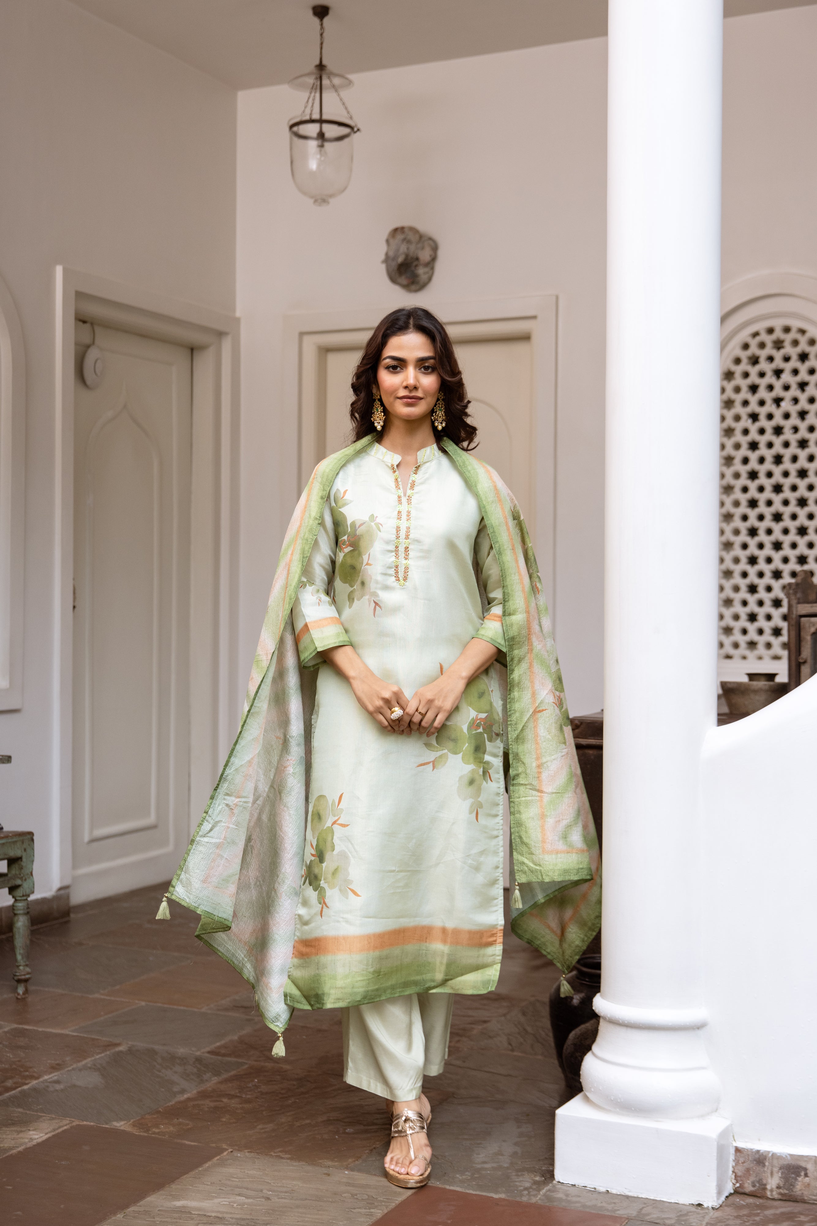 womens Green Chanderi Kurta Palazzo and Dupatta Set
