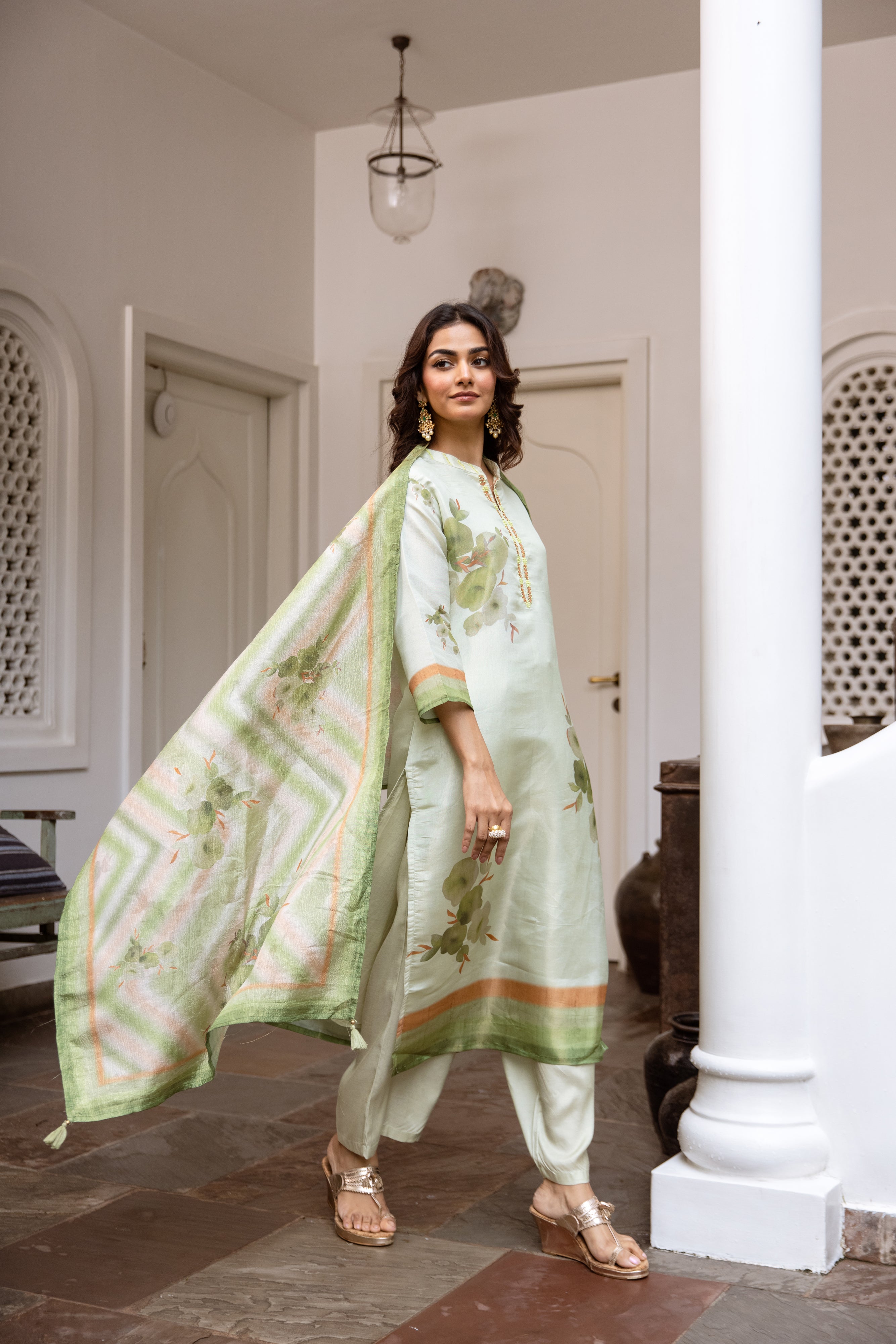 womens Green Chanderi Kurta Palazzo and Dupatta Set