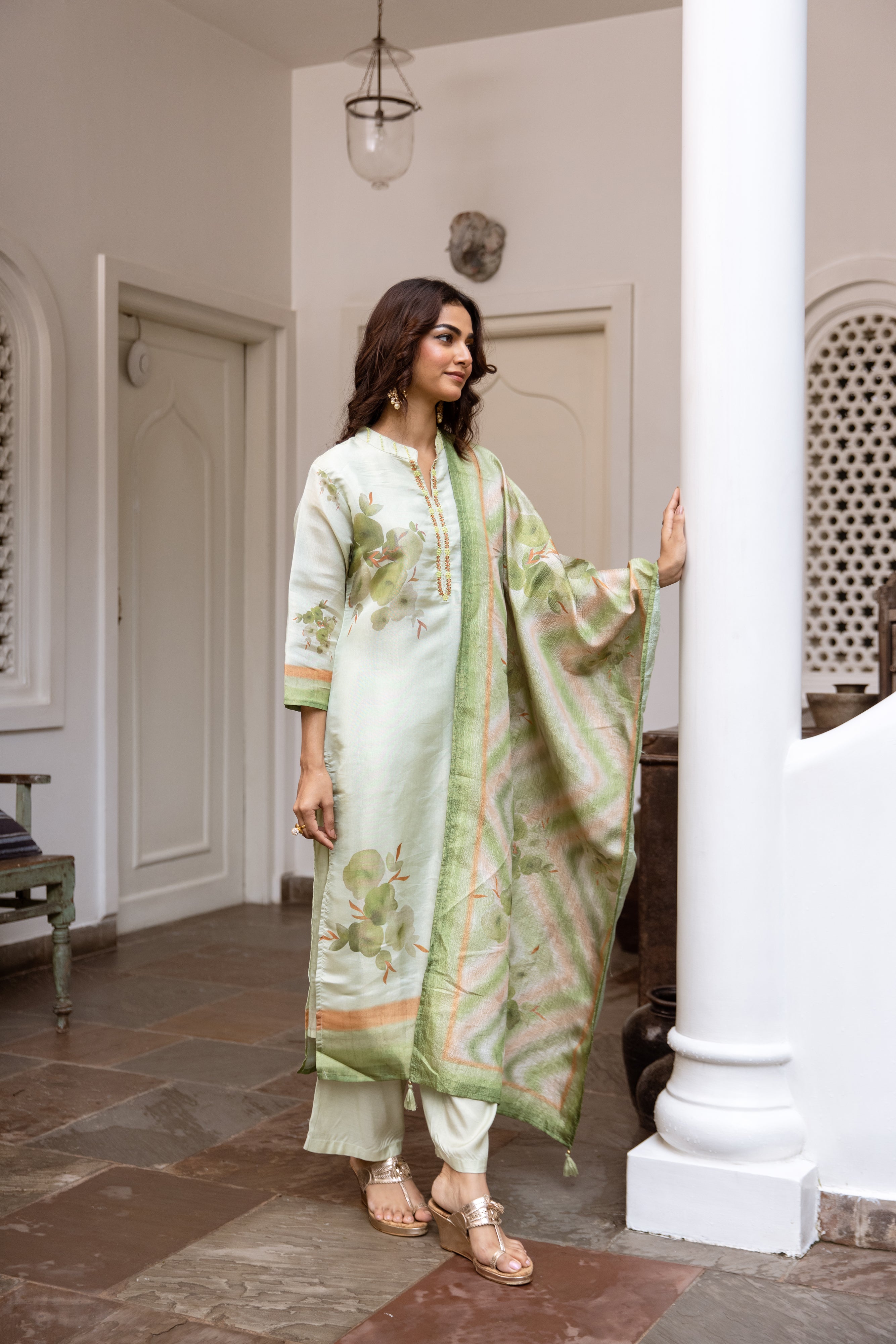 womens Green Chanderi Kurta Palazzo and Dupatta Set