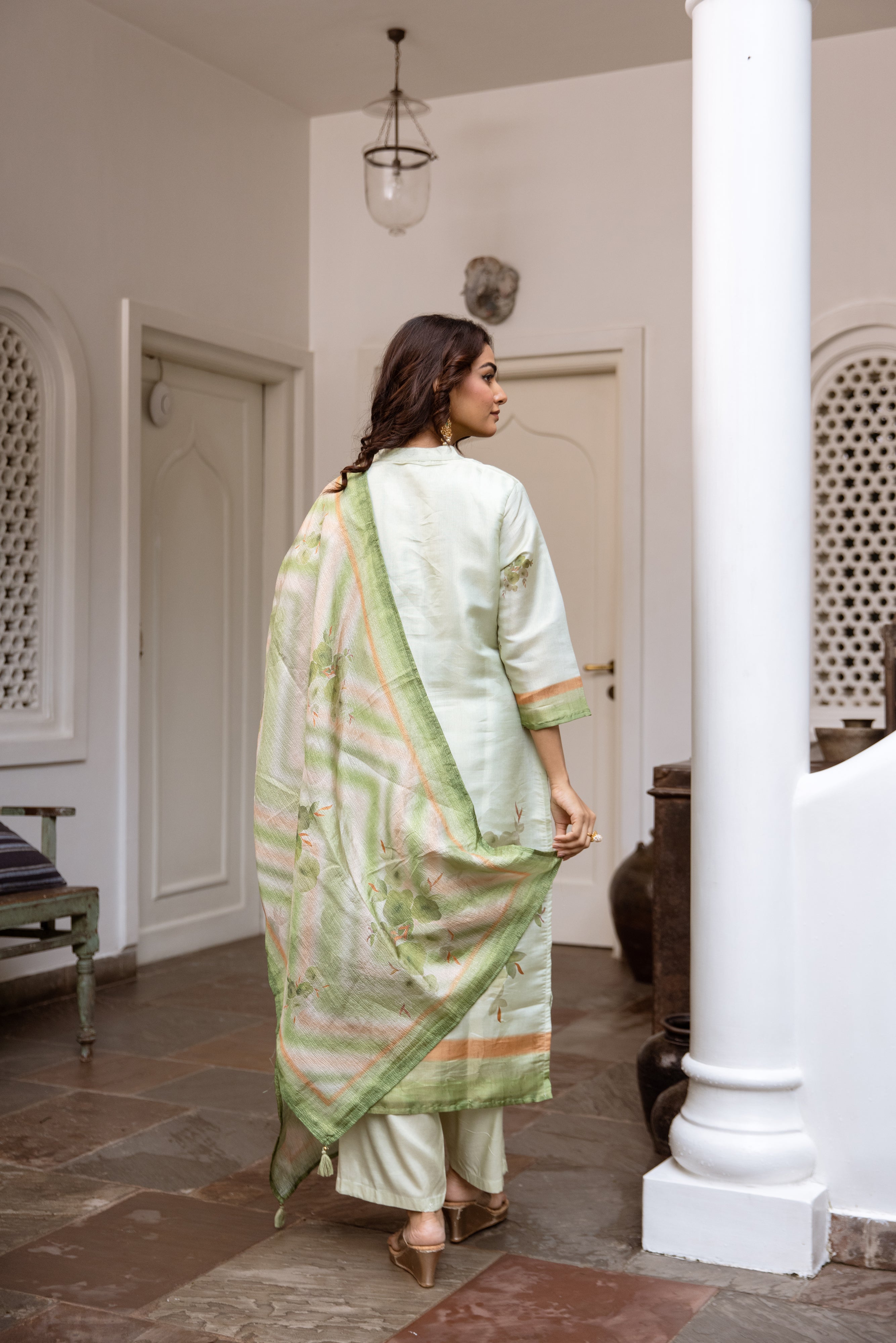 womens Green Chanderi Kurta Palazzo and Dupatta Set