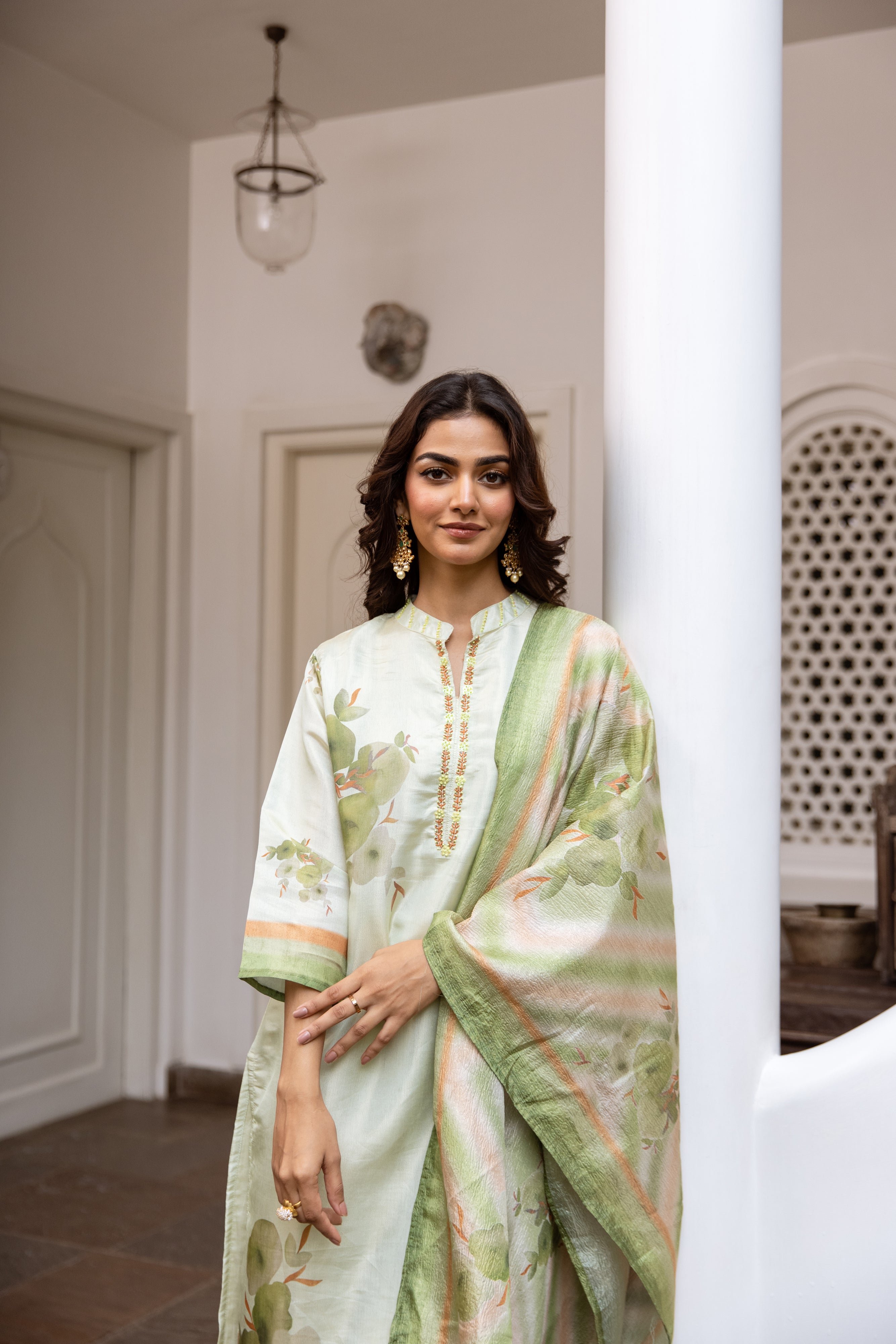 womens Green Chanderi Kurta Palazzo and Dupatta Set