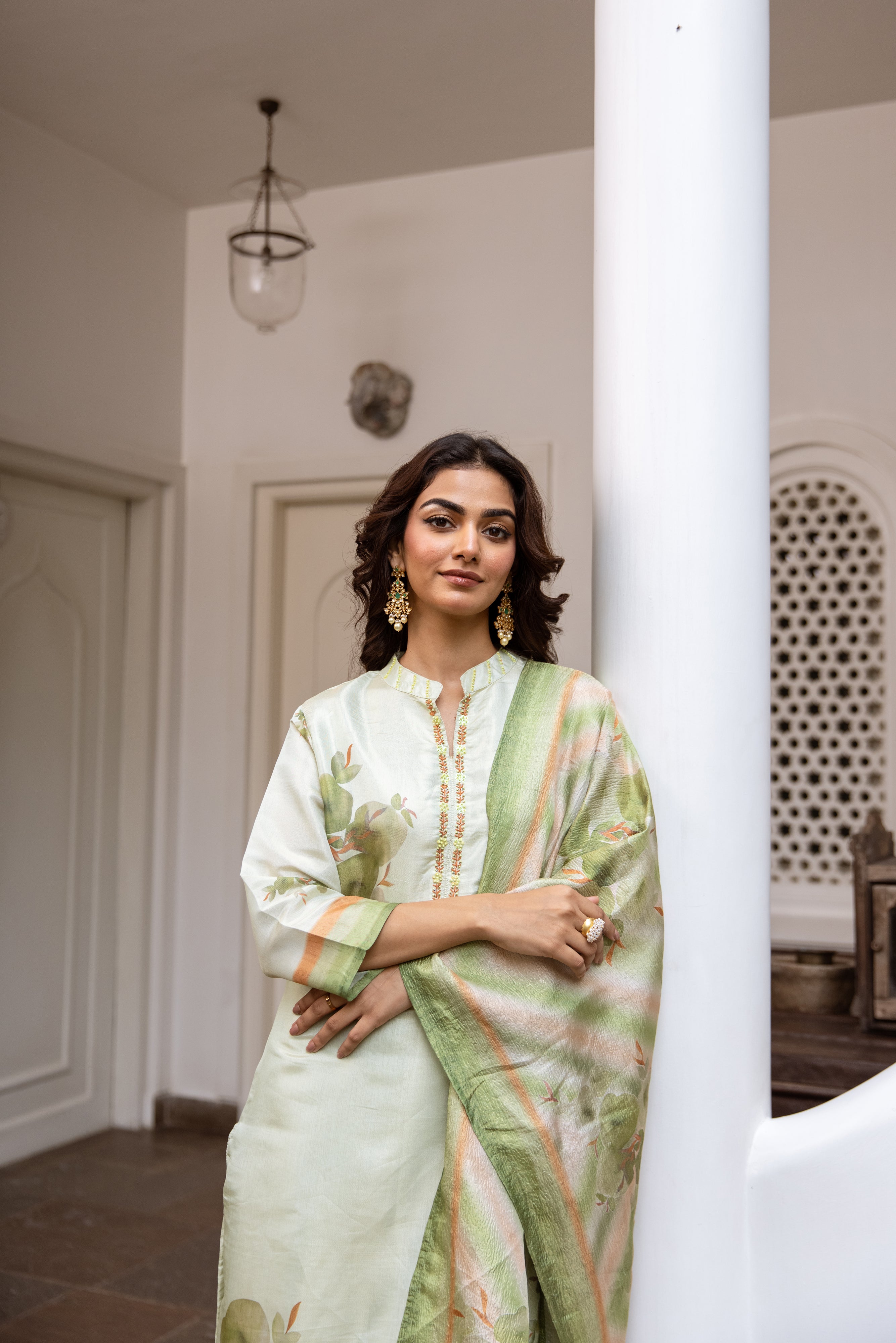 womens Green Chanderi Kurta Palazzo and Dupatta Set