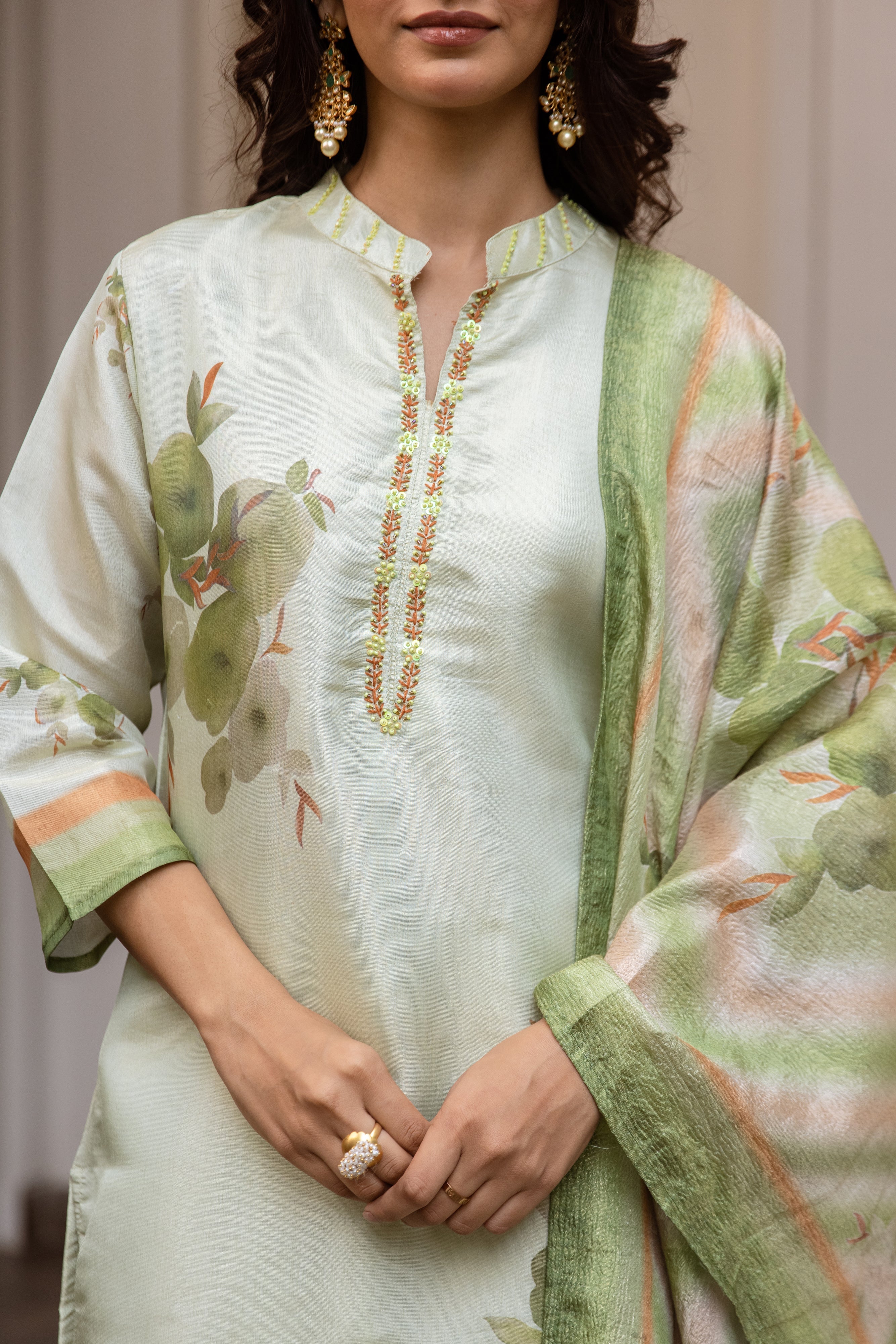 womens Green Chanderi Kurta Palazzo and Dupatta Set