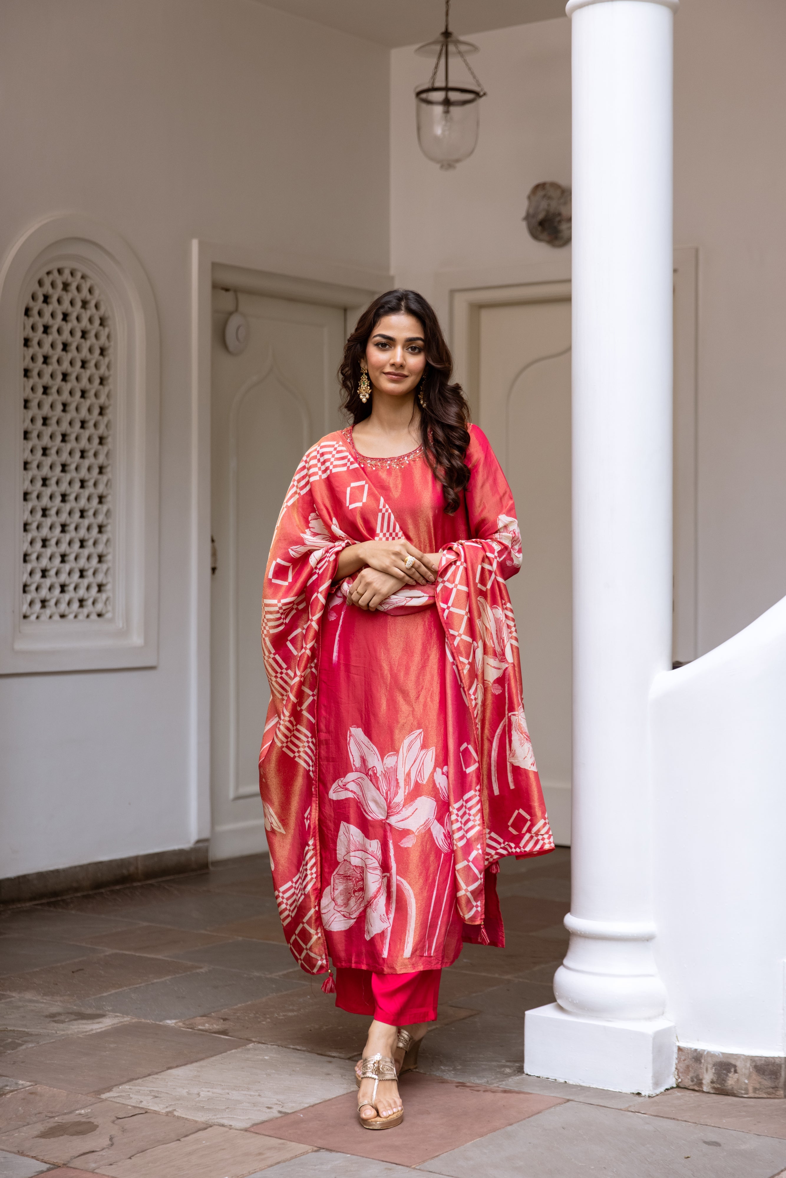 Red Viscose Simmer Kurta Pant and Dupatta Set