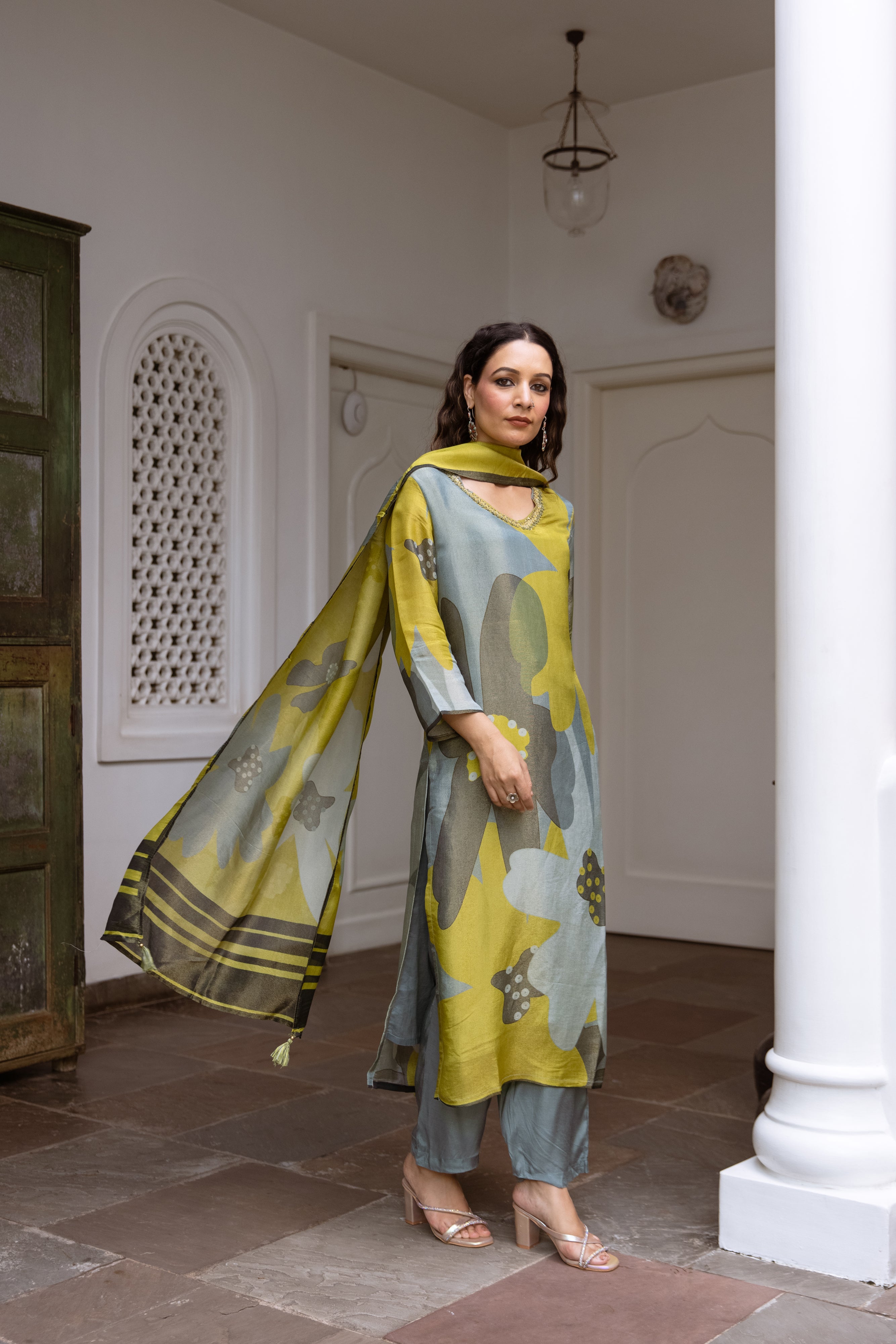 womens Teal Tissue Shimmer Kurta Pant and Dupatta Set