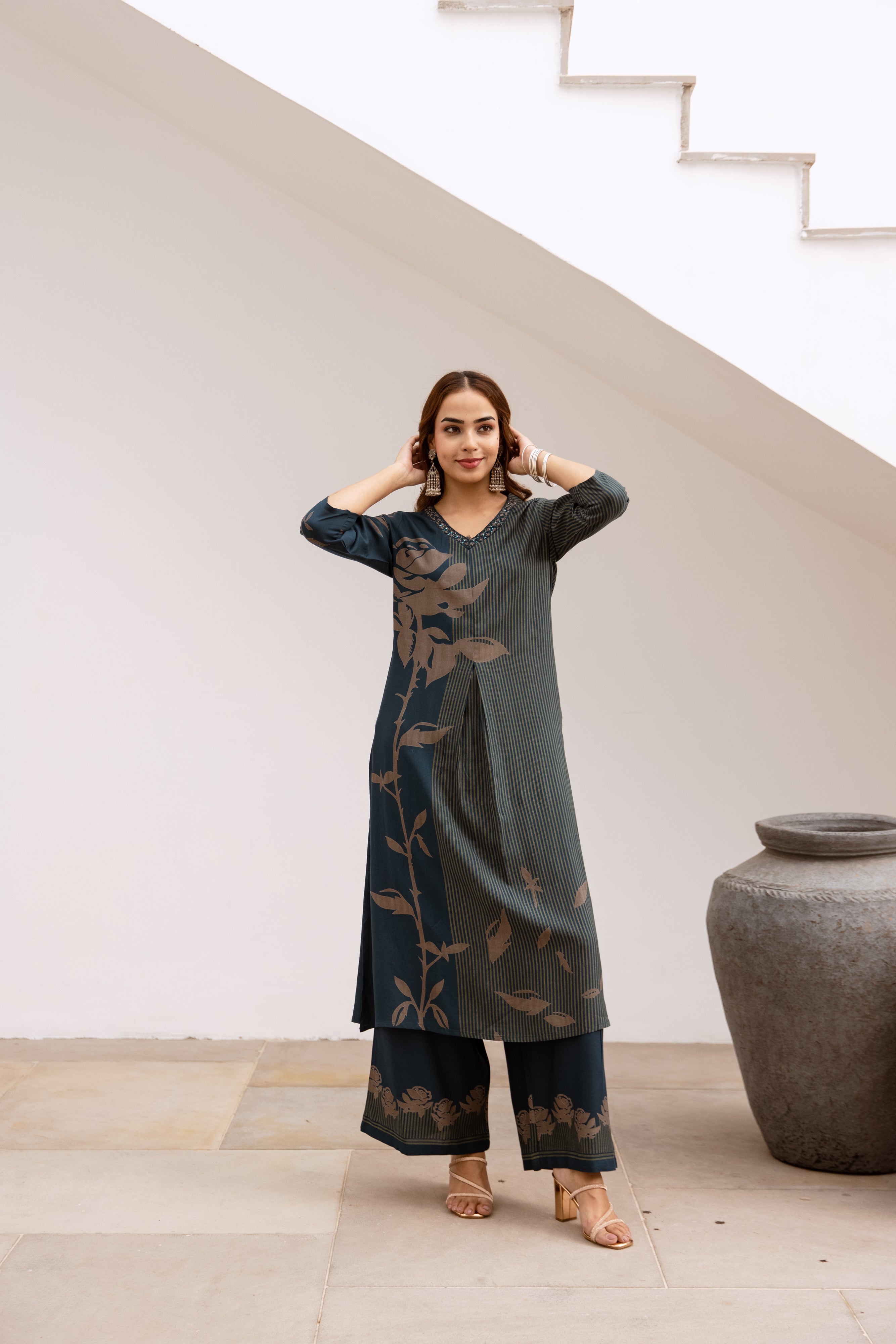 Women's Teal Blue German Rayon Kurta and Palazzo Set