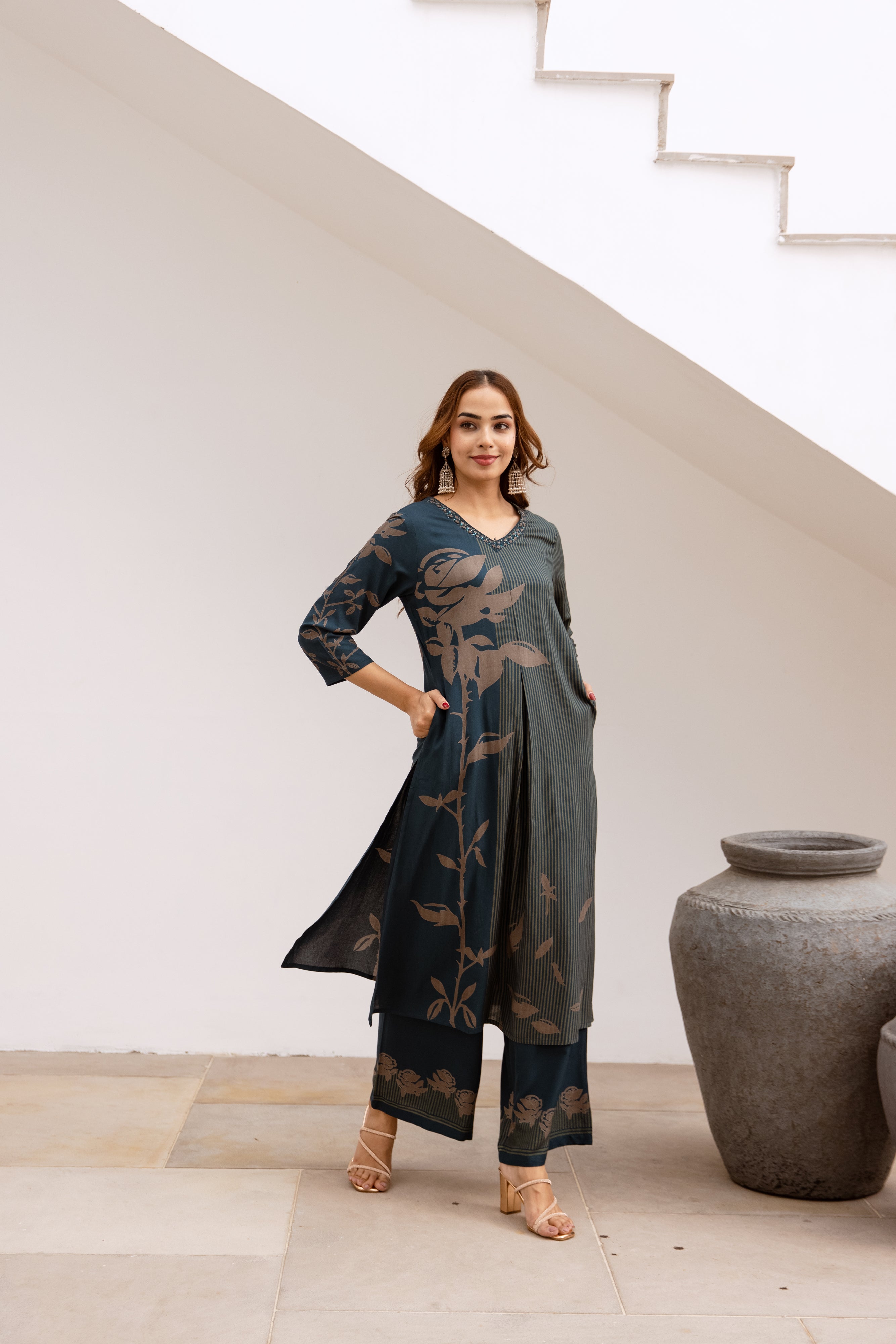 Women's Teal Blue German Rayon Kurta and Palazzo Set