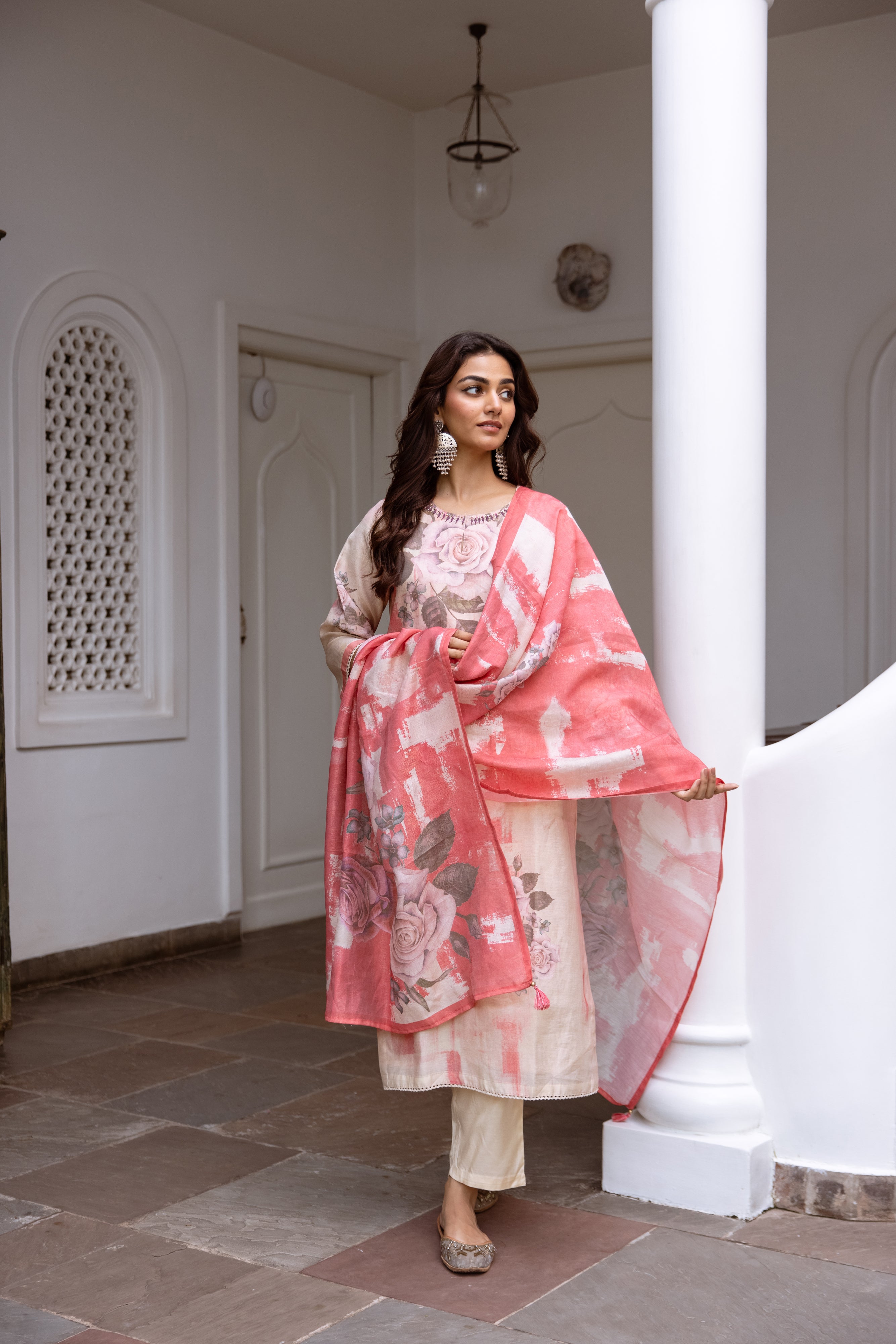 womens Beige Modal Shimmer Kurta Pant and Dupatta Set