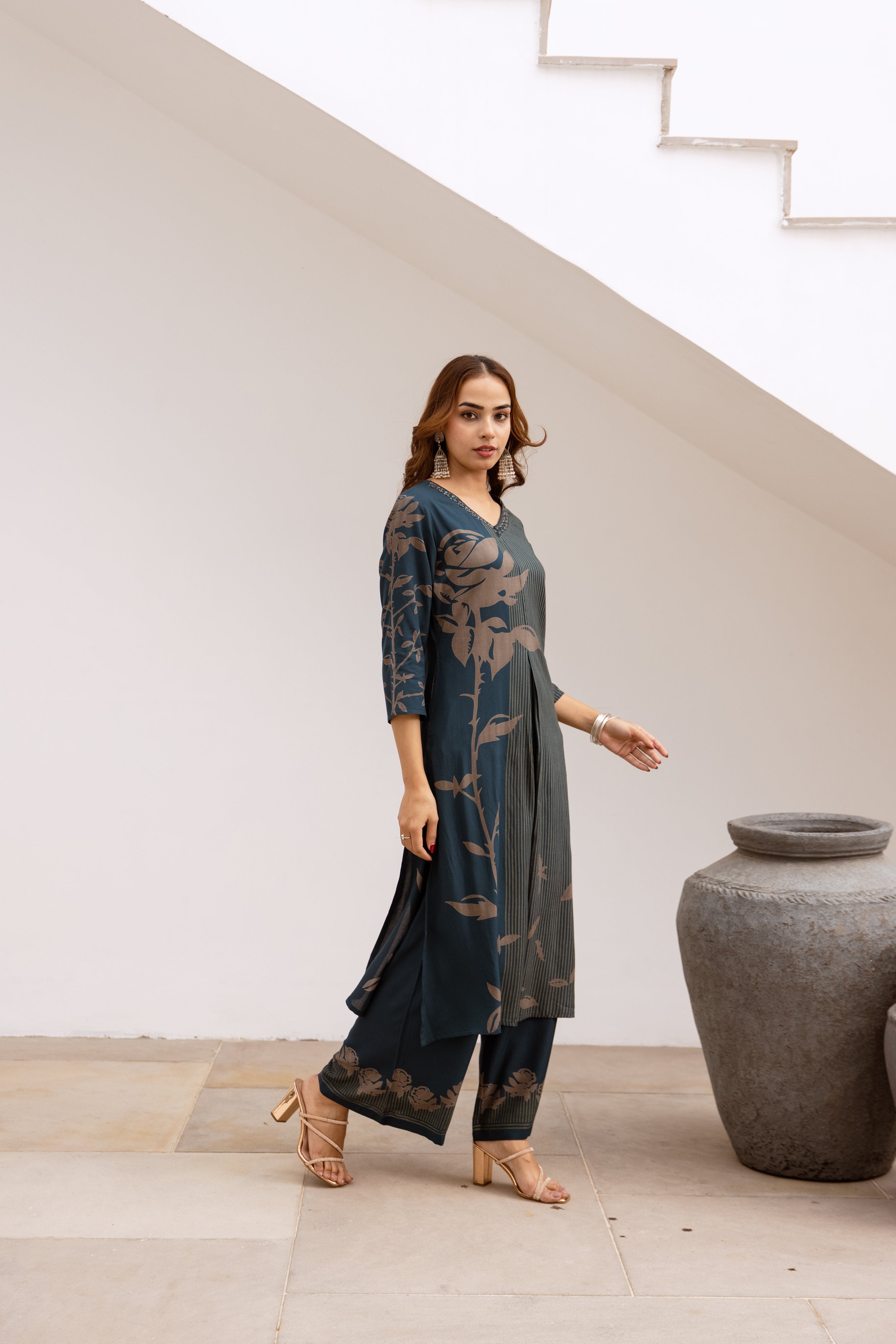Women's Teal Blue German Rayon Kurta and Palazzo Set