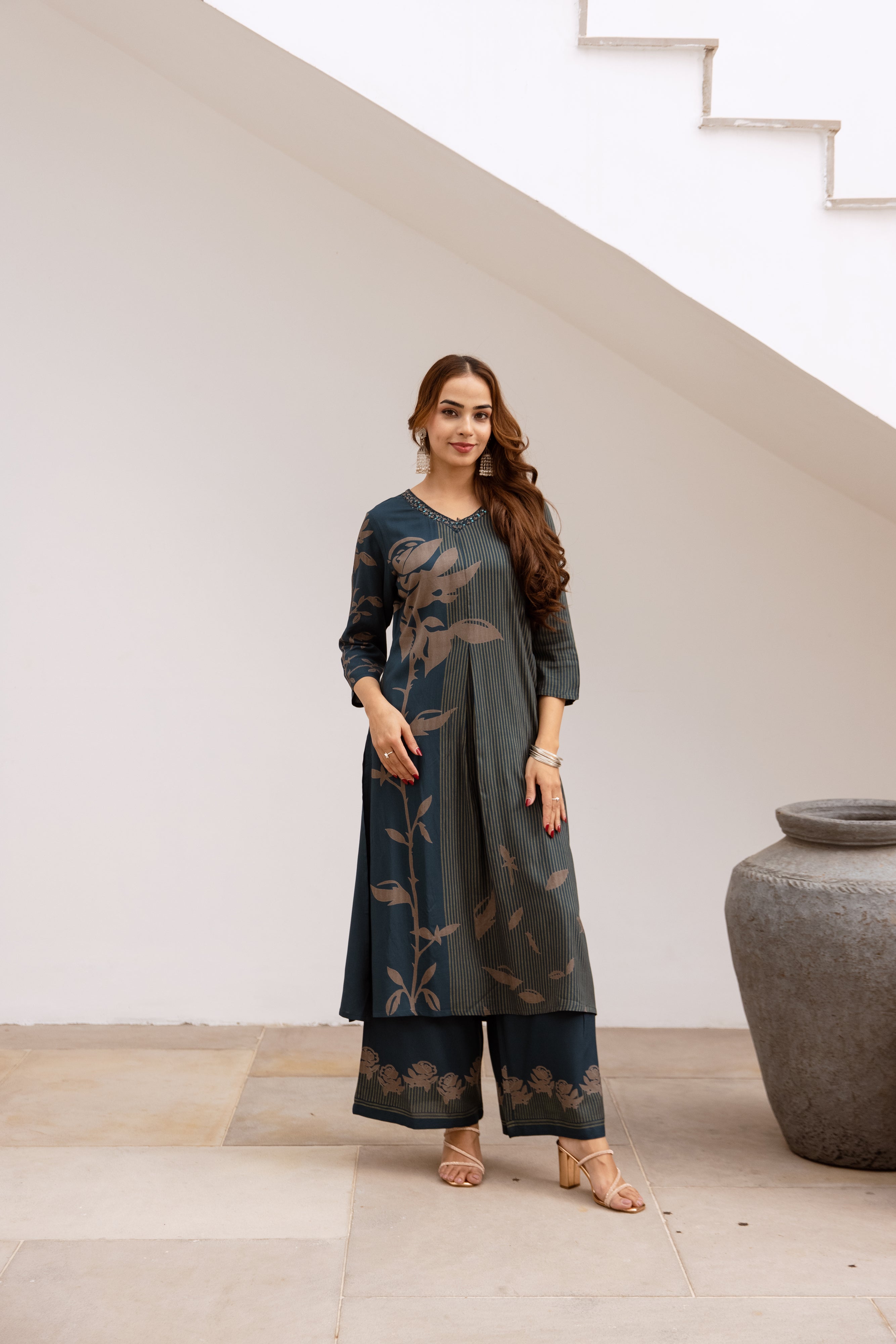 Women's Teal Blue German Rayon Kurta and Palazzo Set