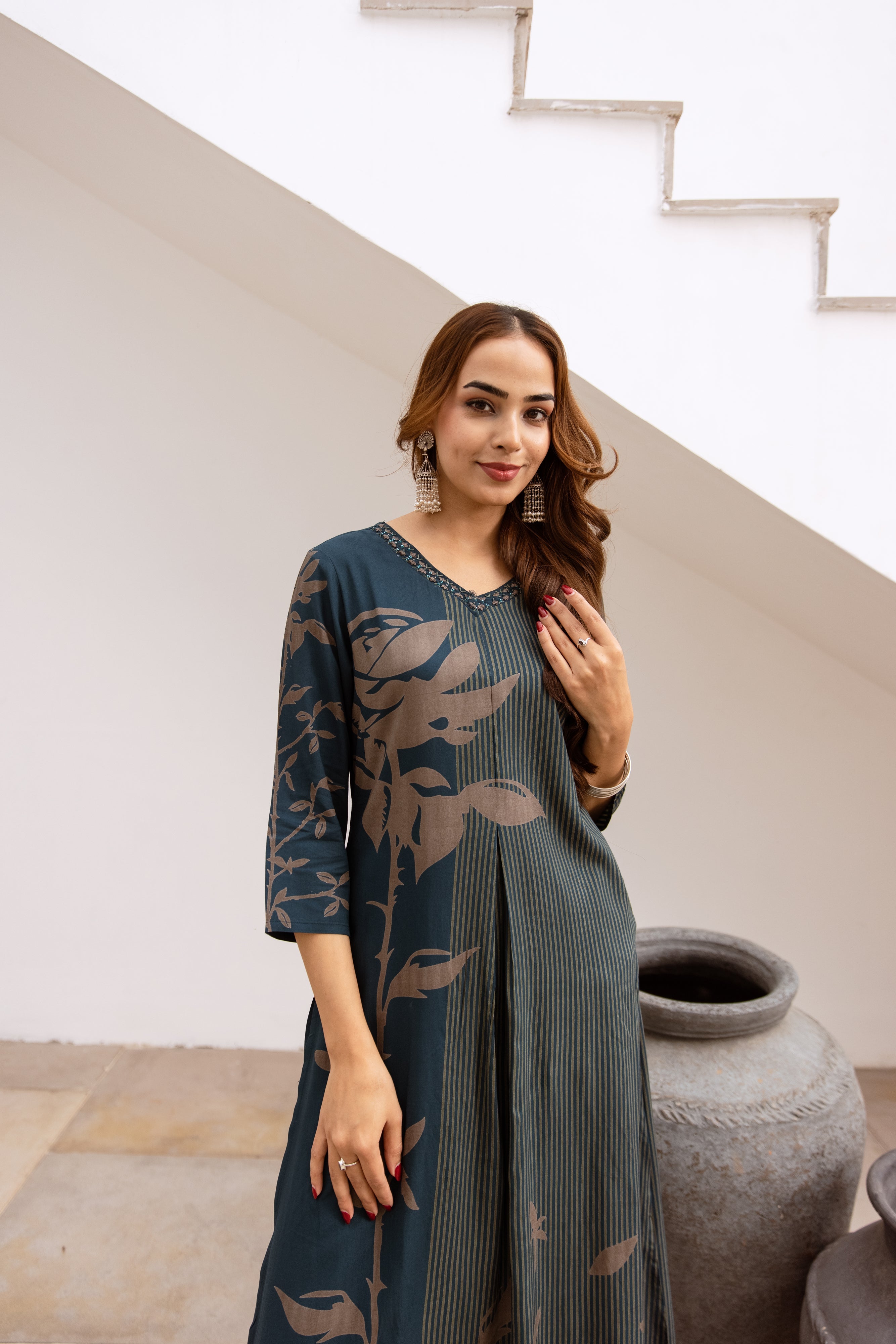 Women's Teal Blue German Rayon Kurta and Palazzo Set