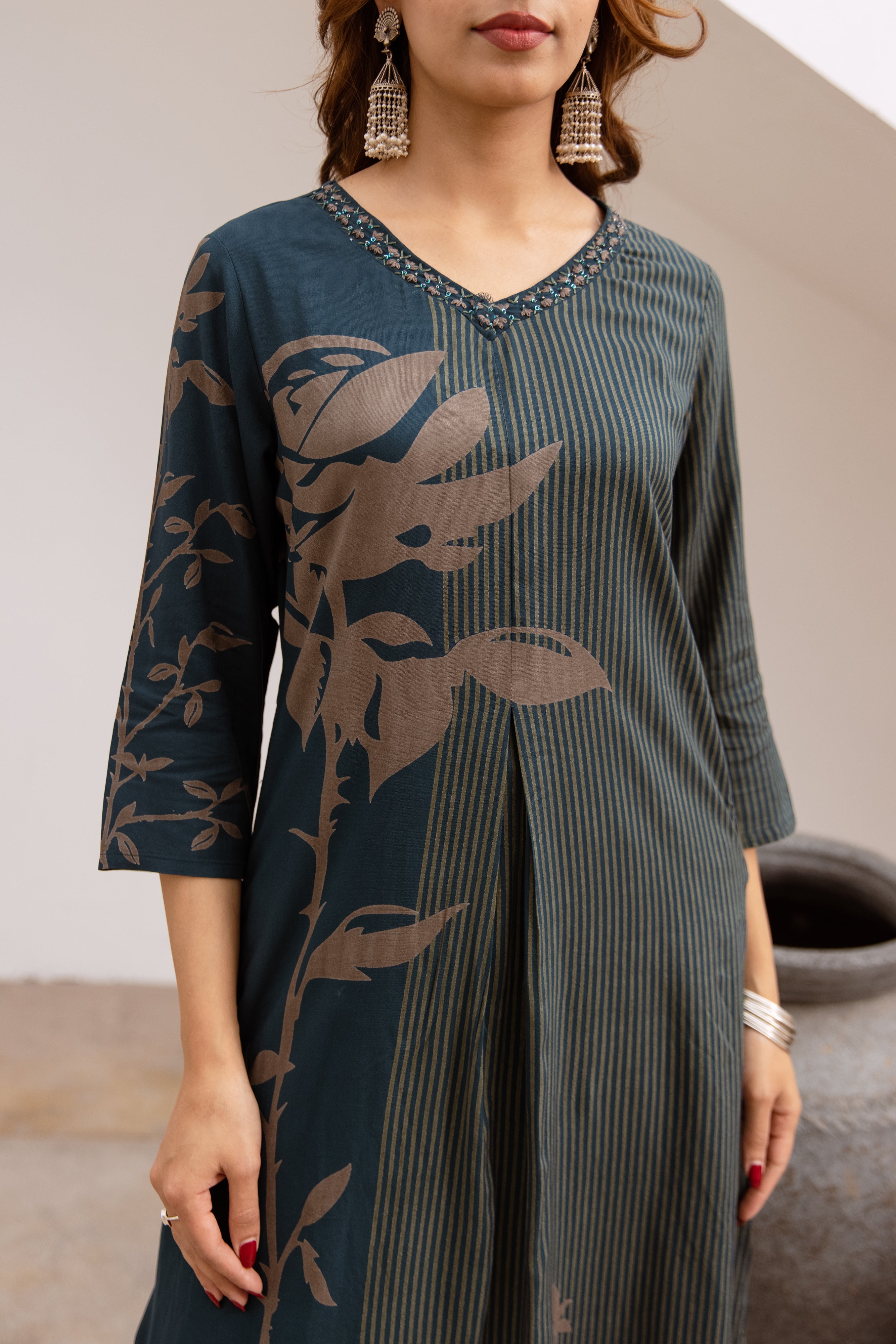 Women's Teal Blue German Rayon Kurta and Palazzo Set