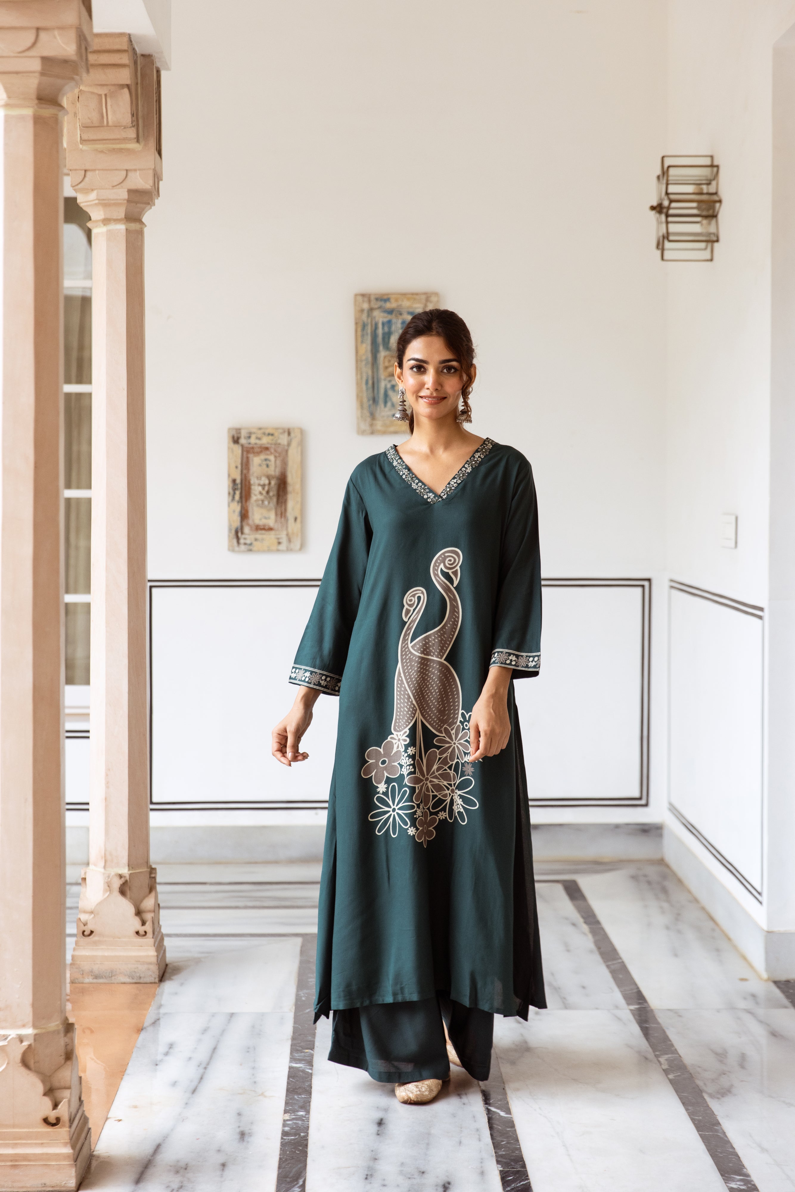 Women's Rama Green German Rayon Kurta and Palazzo Set