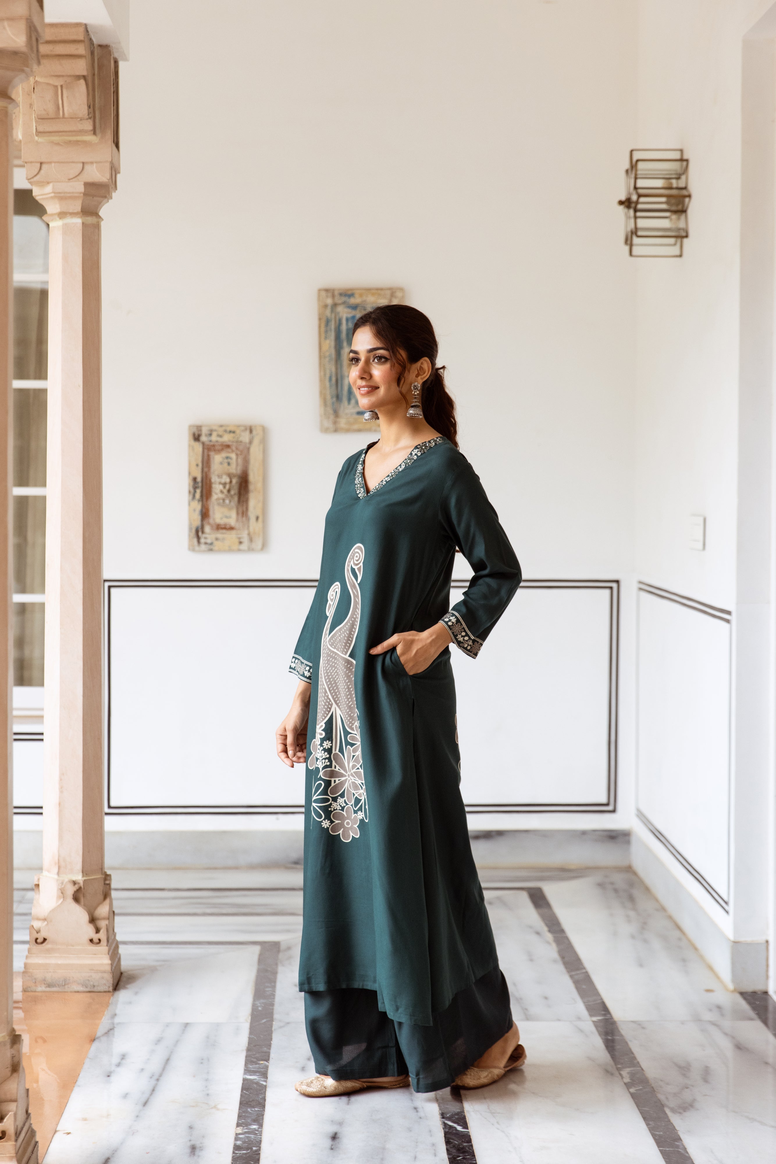 Women's Rama Green German Rayon Kurta and Palazzo Set
