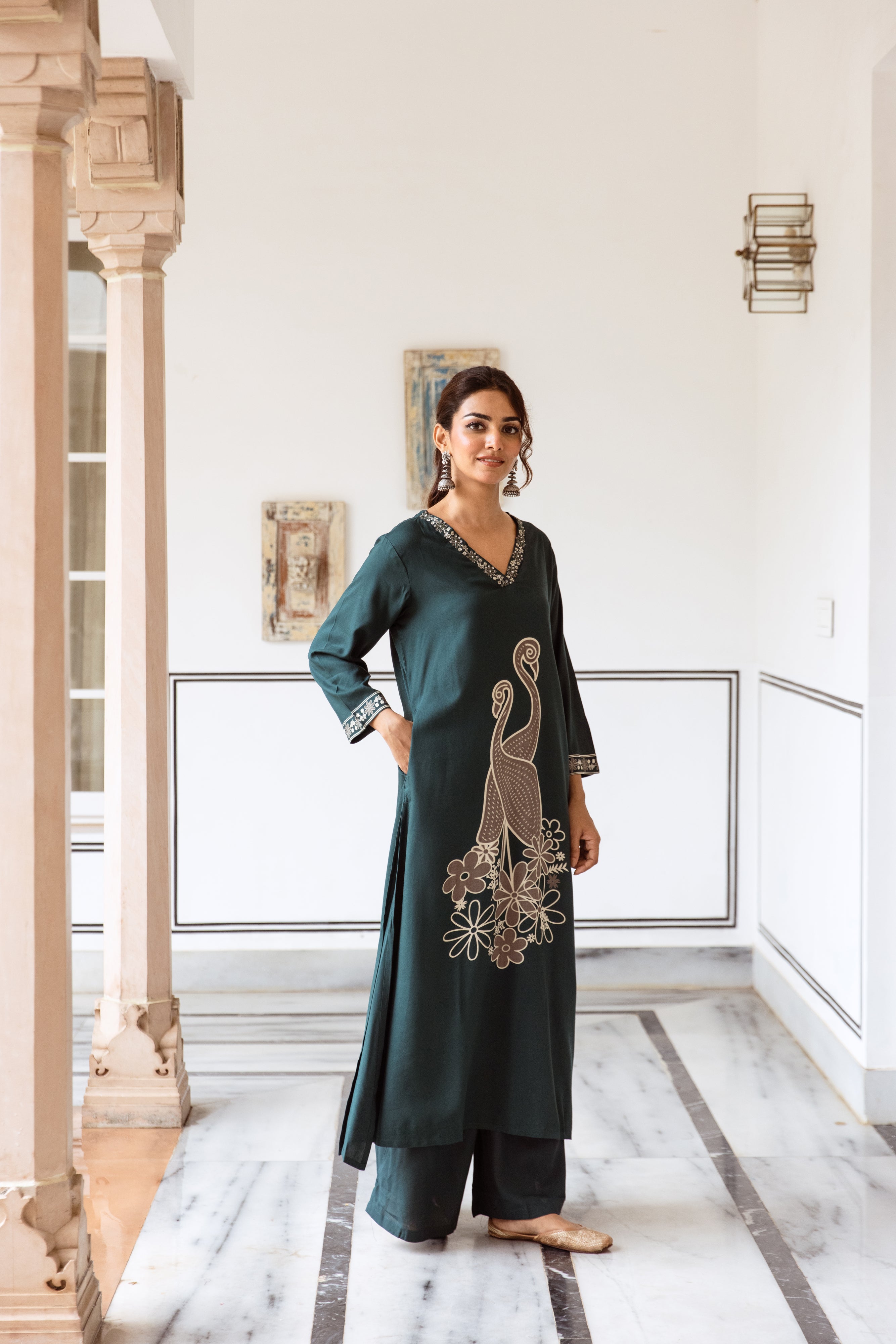 Women's Rama Green German Rayon Kurta and Palazzo Set