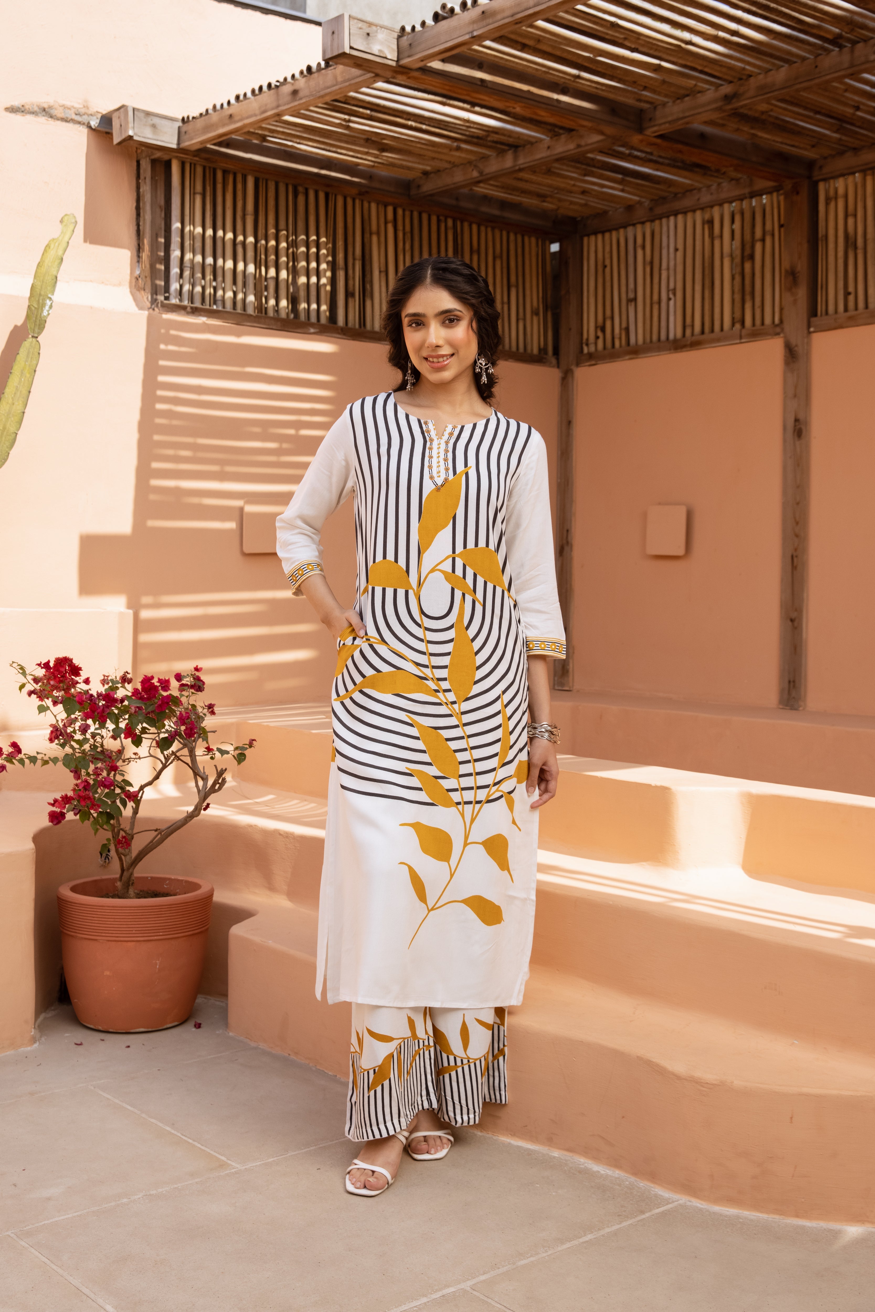 Women's White German Rayon Kurta and Palazzo Set