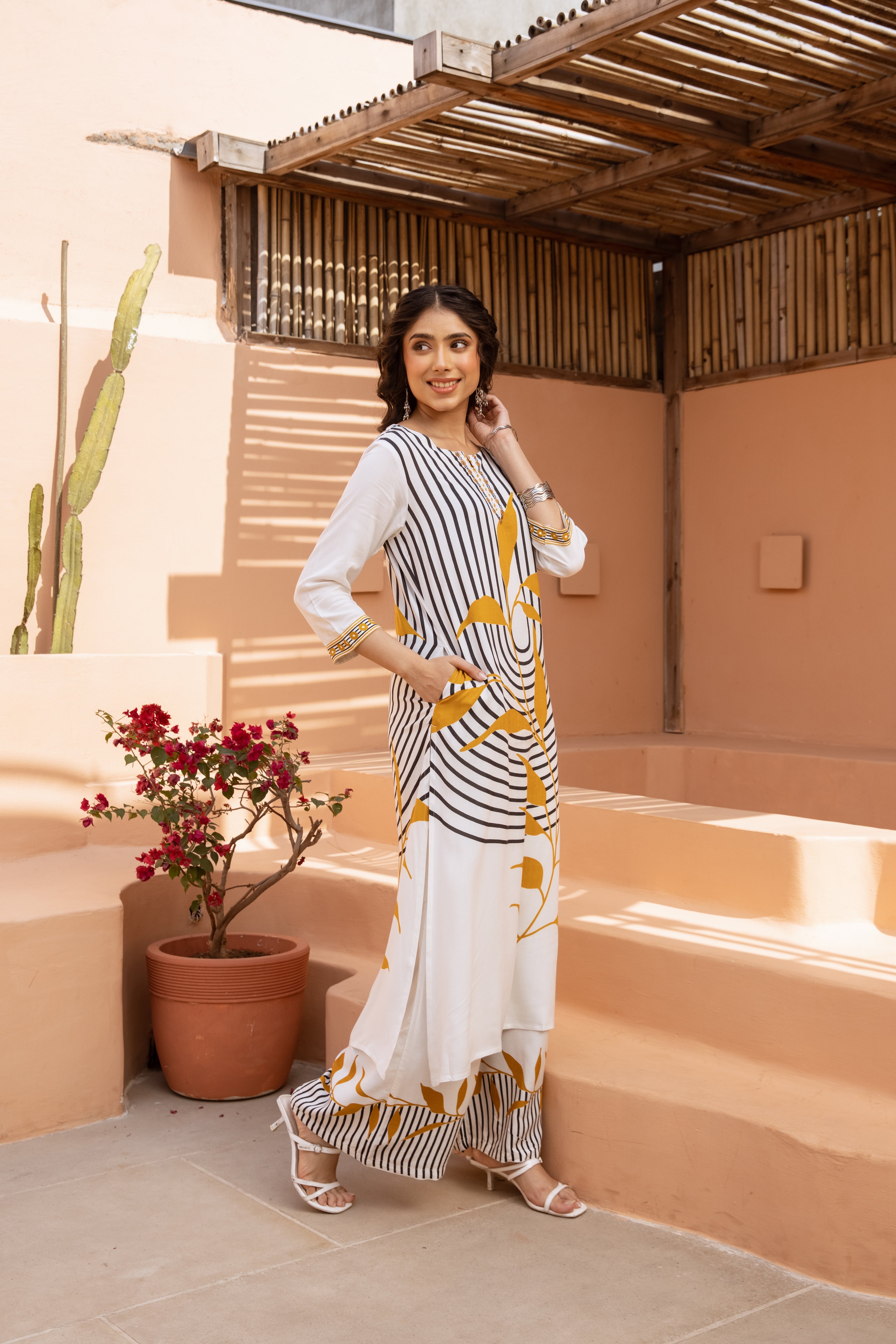 Women's White German Rayon Kurta and Palazzo Set