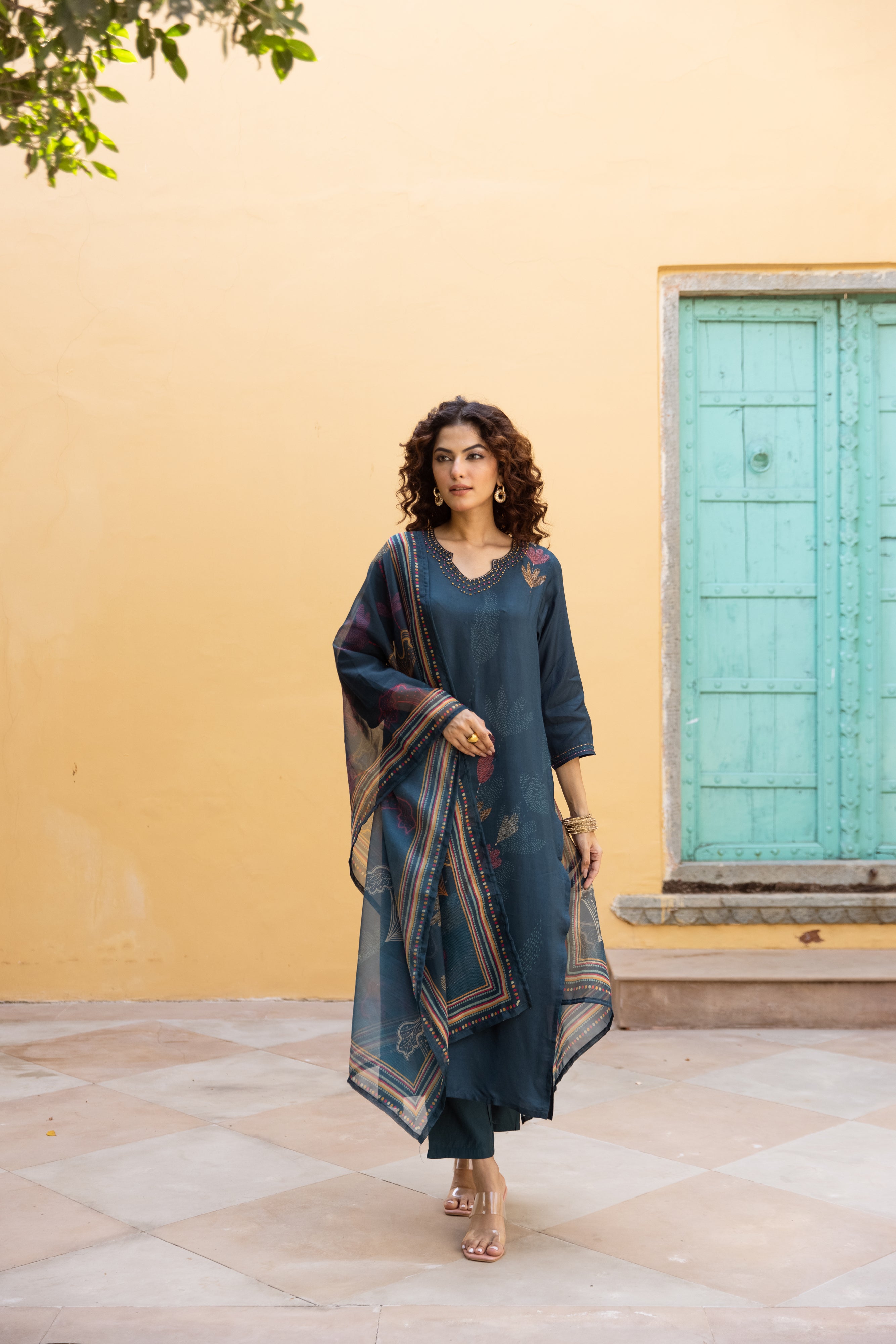 Teal Viscose Muslin Kurta Pant and Dupatta Set