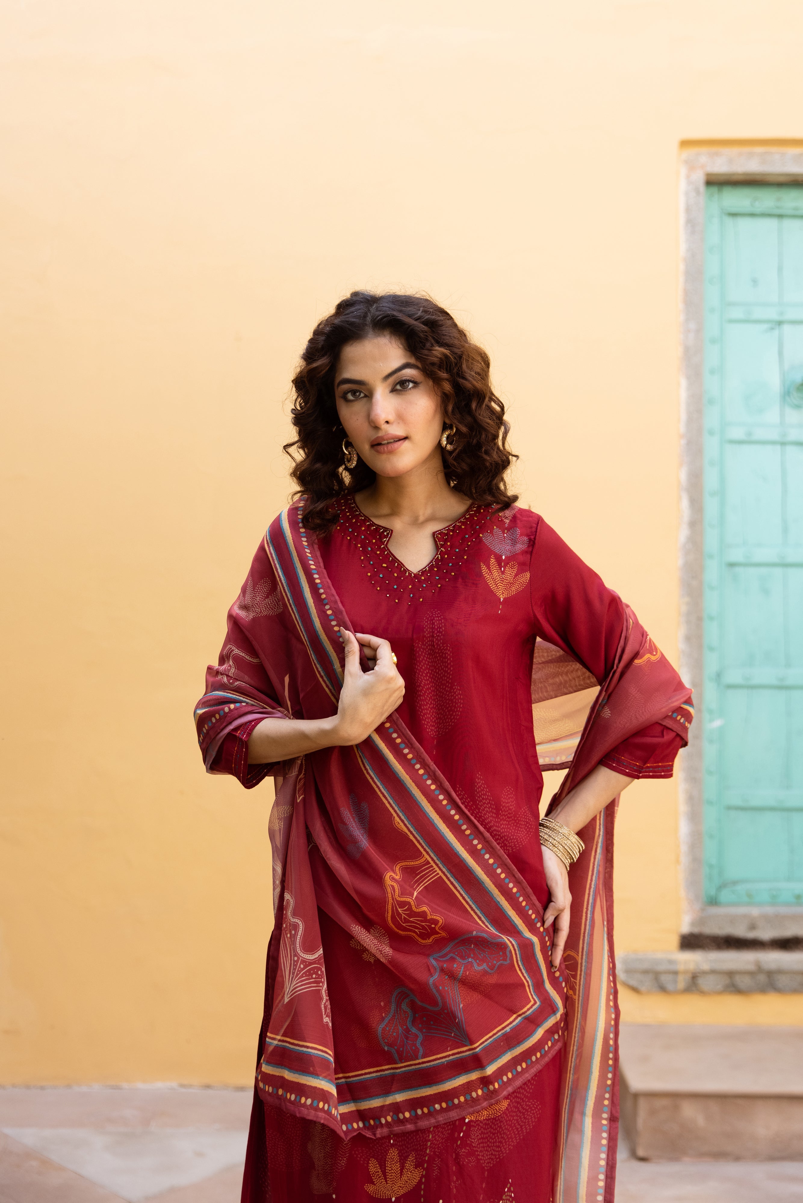 Maroon Viscose Muslin Kurta Pant and Dupatta Set