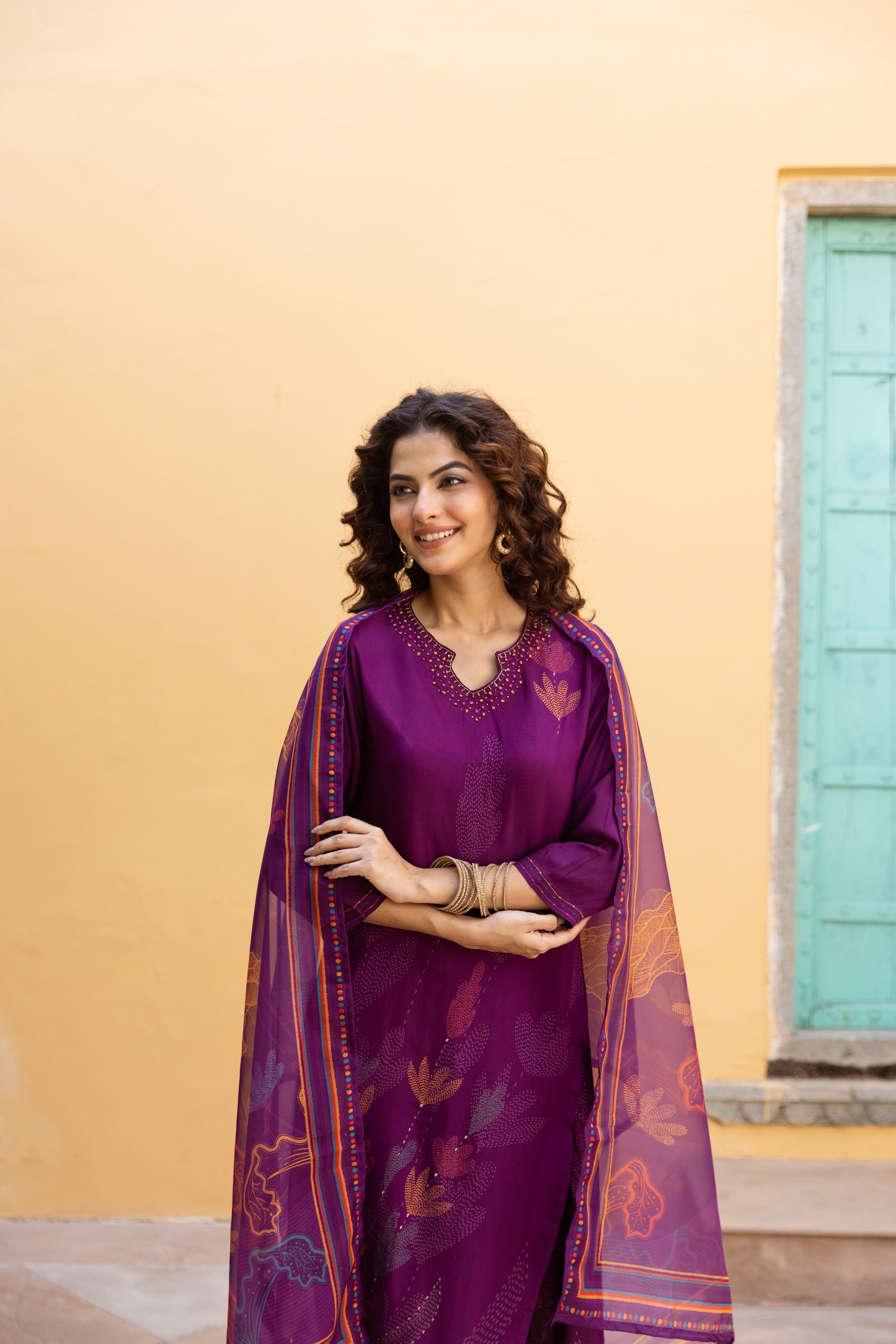 Purple Viscose Muslin Kurta Pant and Dupatta Set