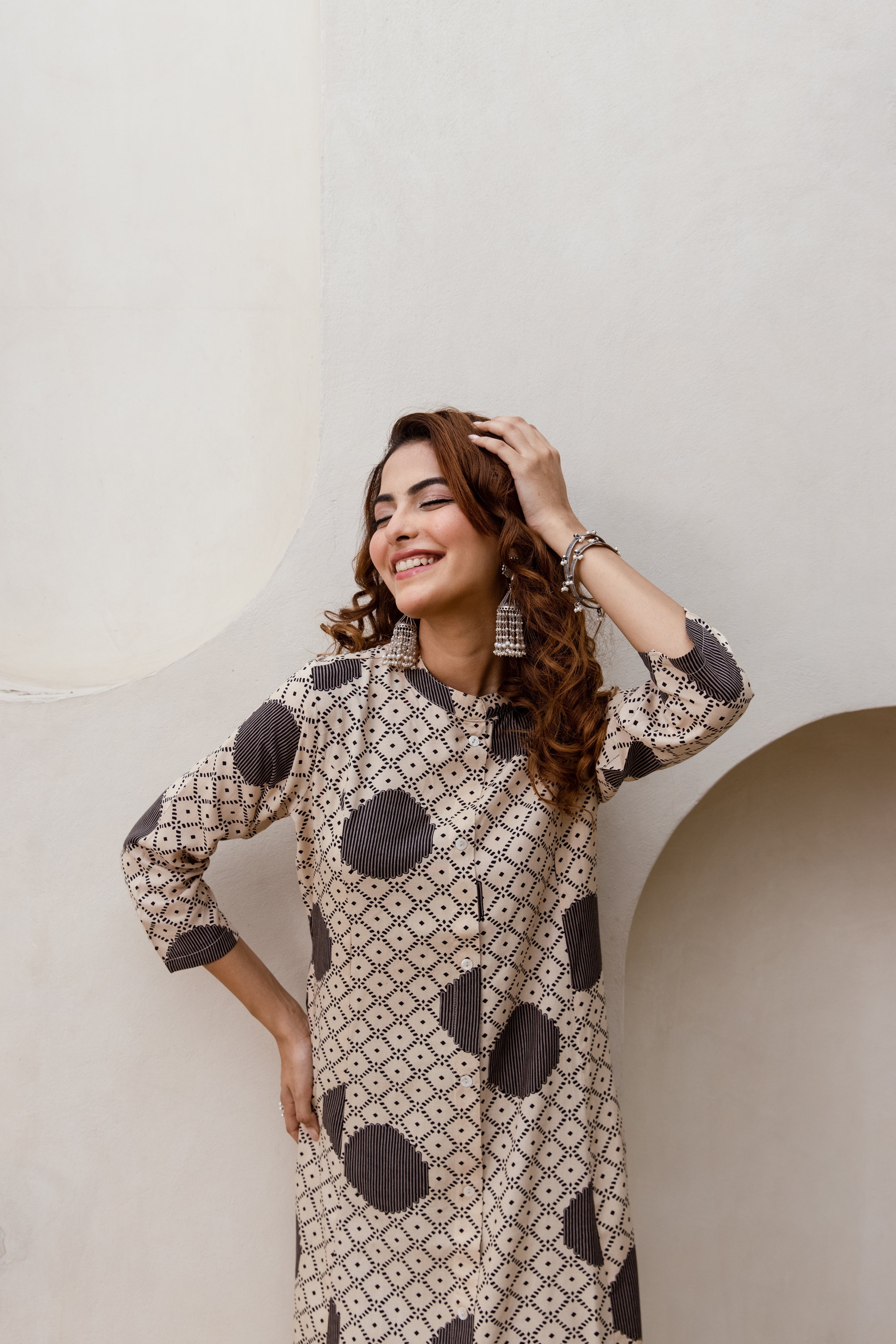 Women's Beige::Black German Rayon Kurta and Pant Set