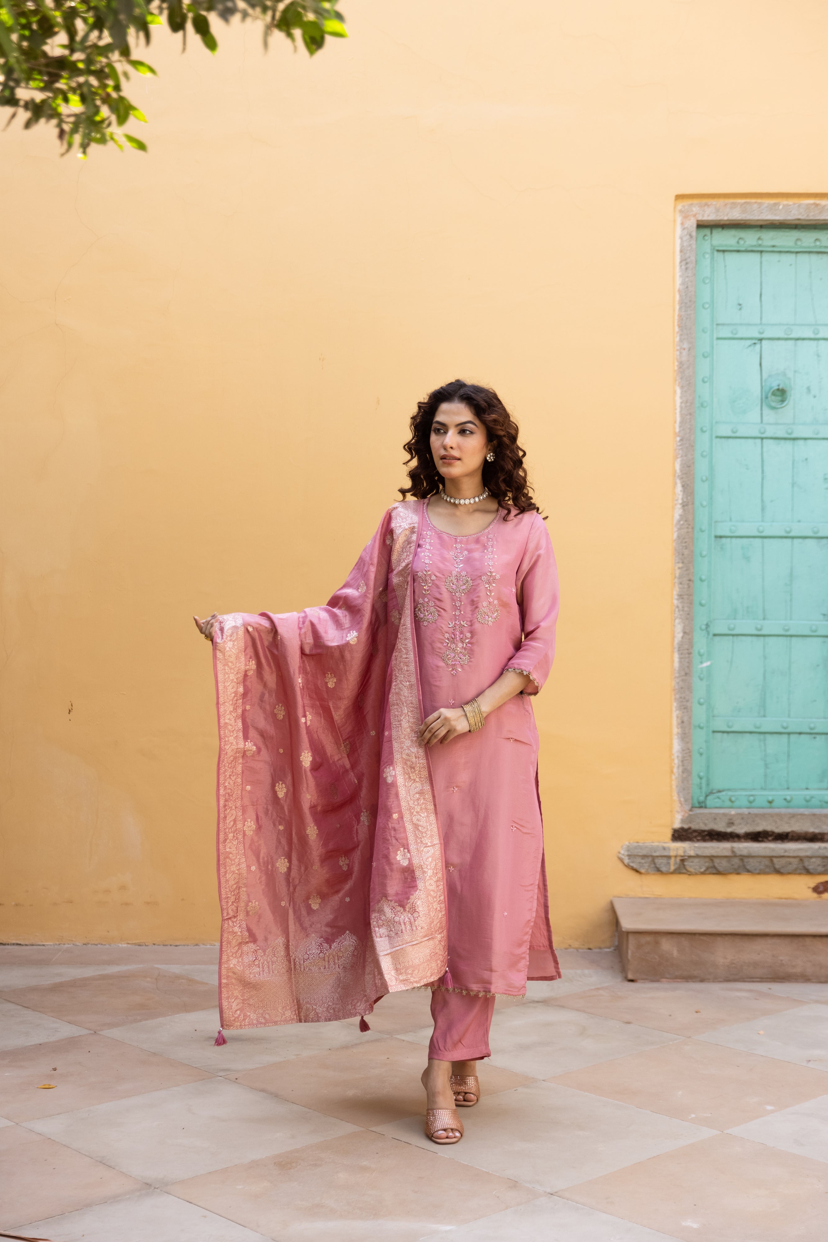 Peach Viscose Simmer Kurta Pant and Dupatta Set