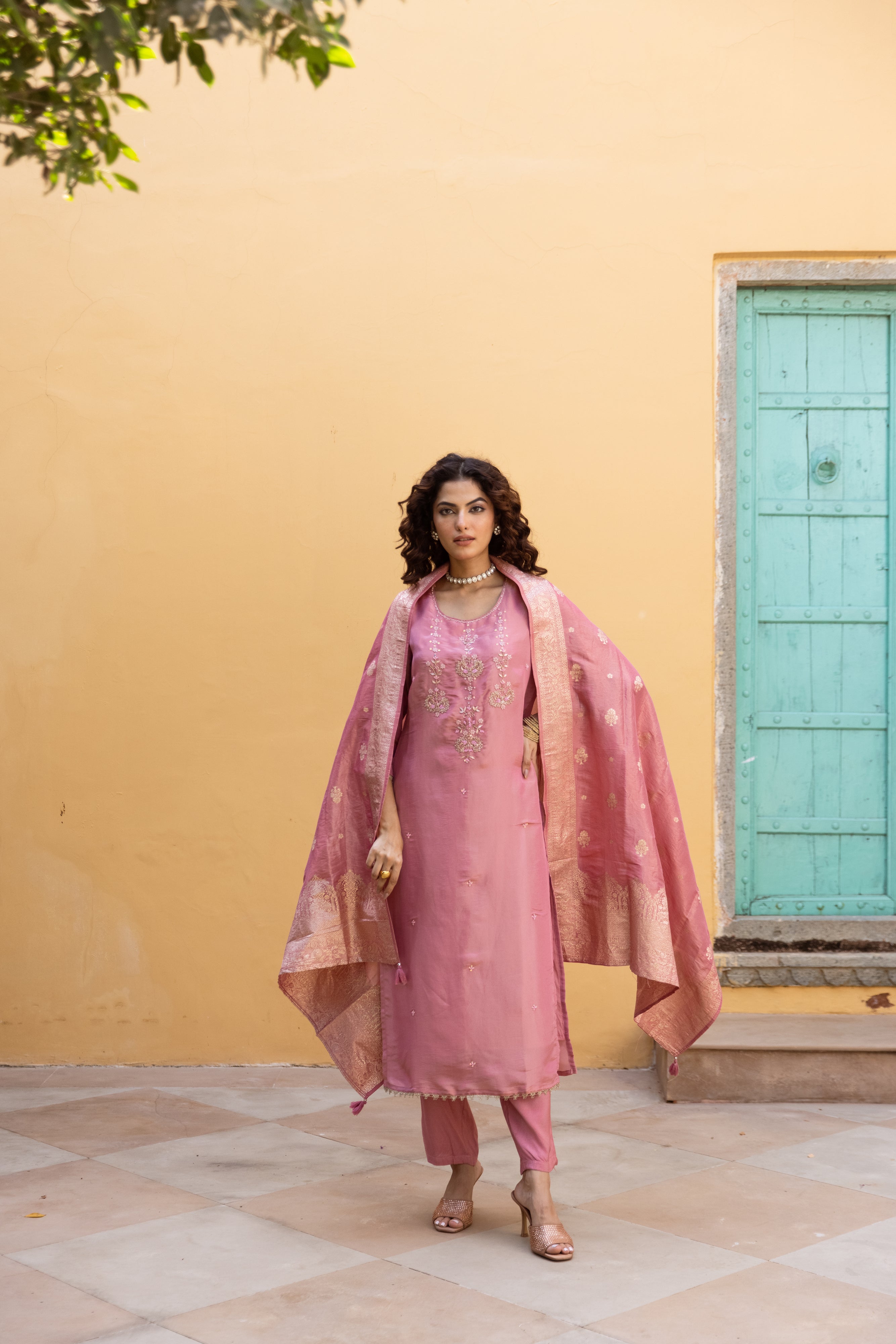 Peach Viscose Simmer Kurta Pant and Dupatta Set