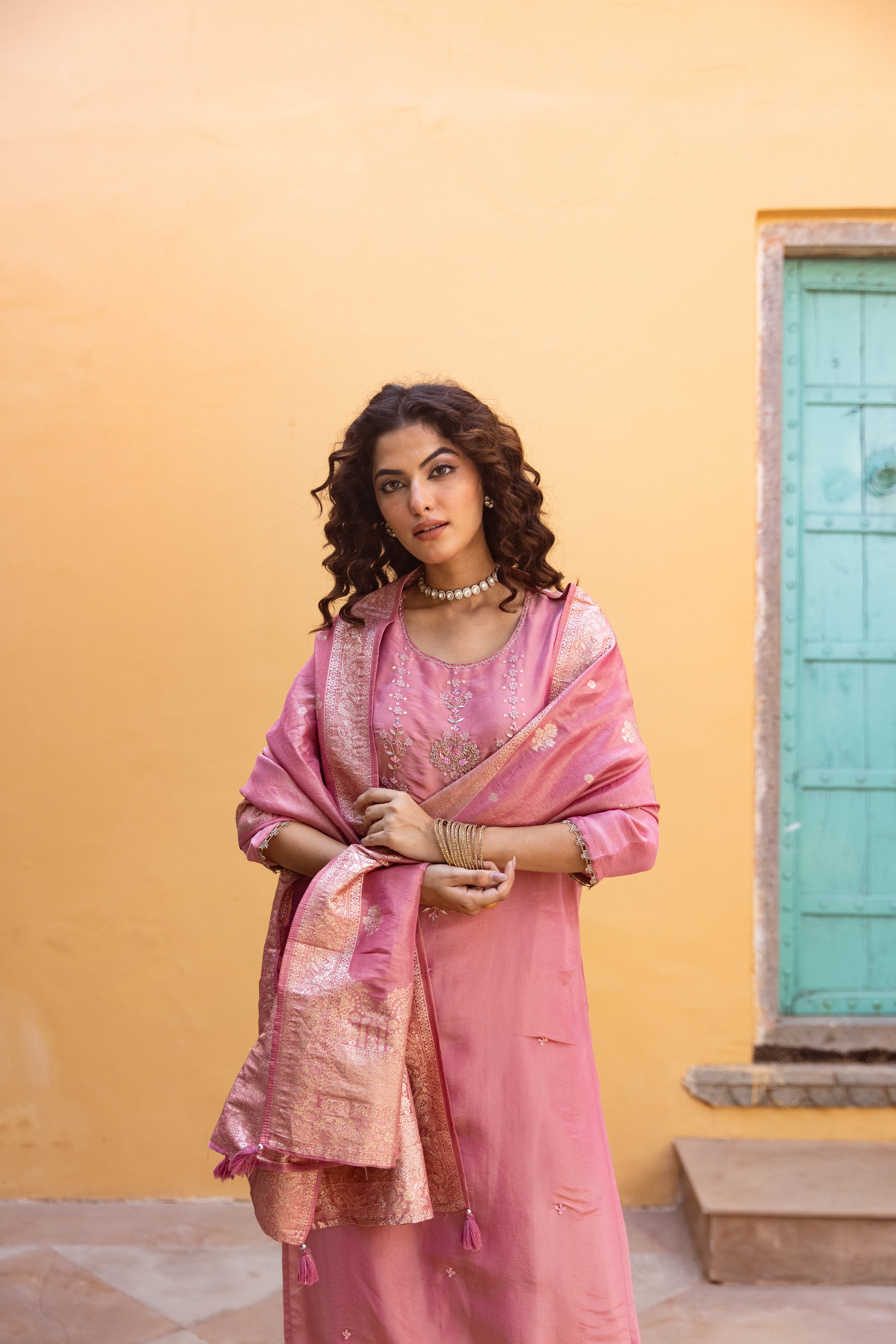 Peach Viscose Simmer Kurta Pant and Dupatta Set