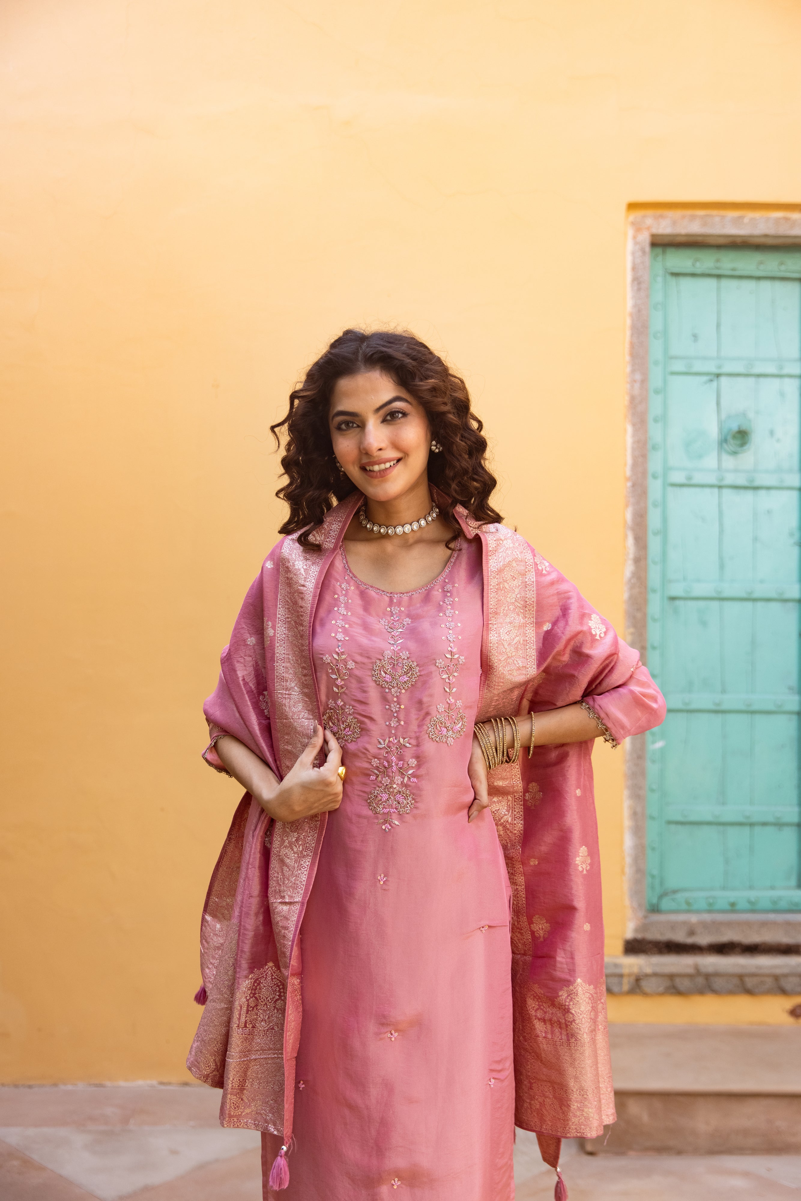 Peach Viscose Simmer Kurta Pant and Dupatta Set