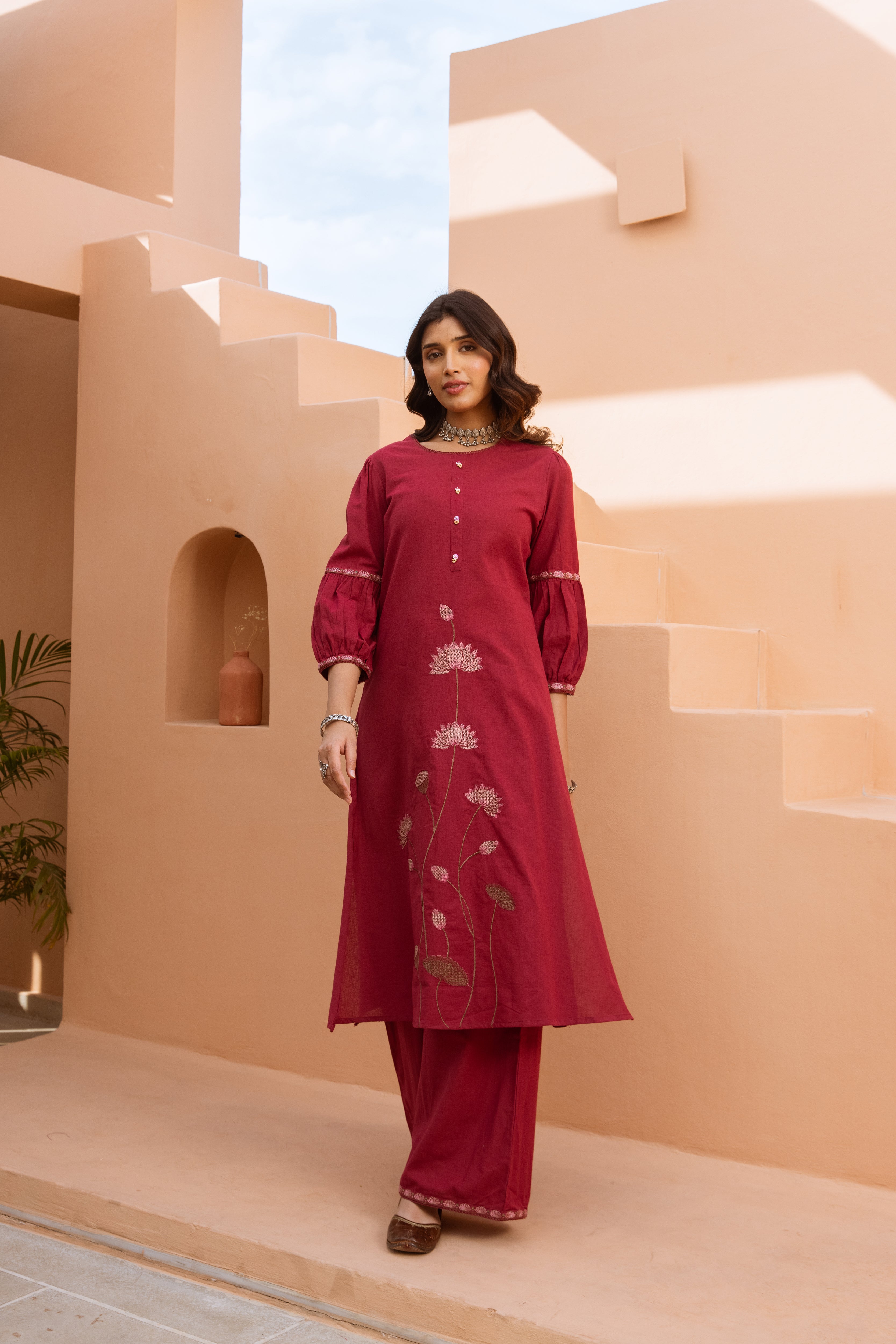 Women's Maroon Cotton Kurta and Palazzo Set