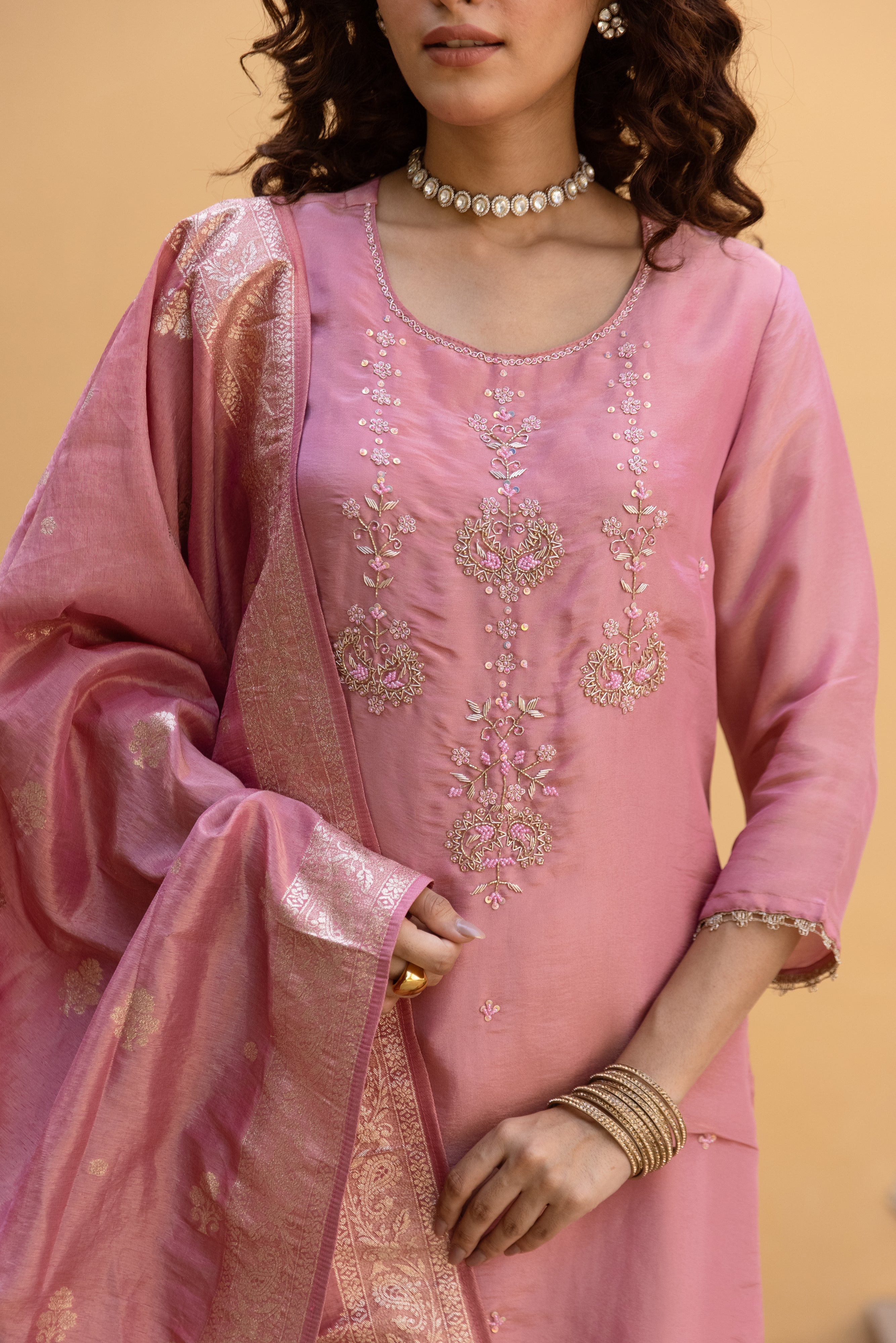 Peach Viscose Simmer Kurta Pant and Dupatta Set