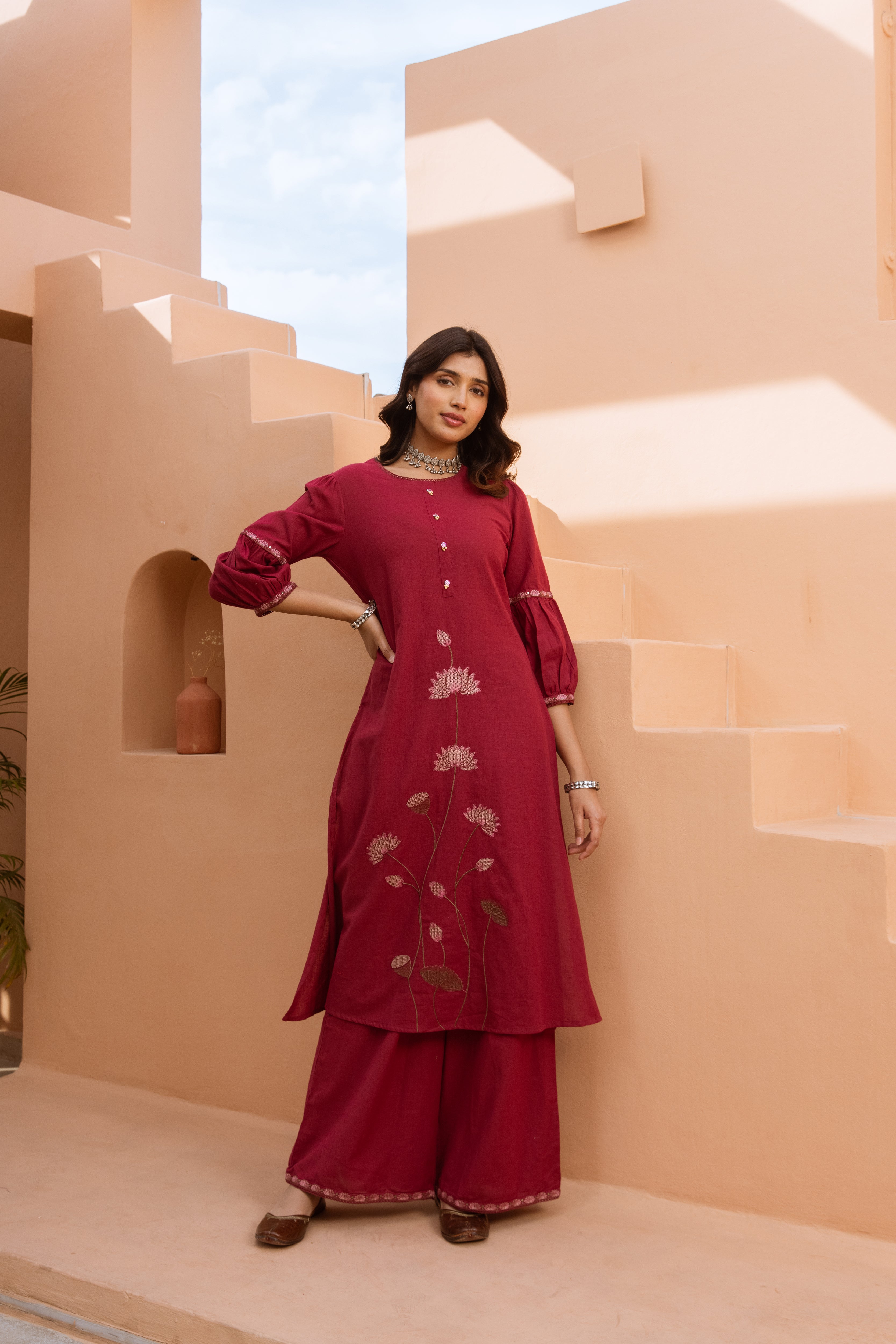 Women's Maroon Cotton Kurta and Palazzo Set
