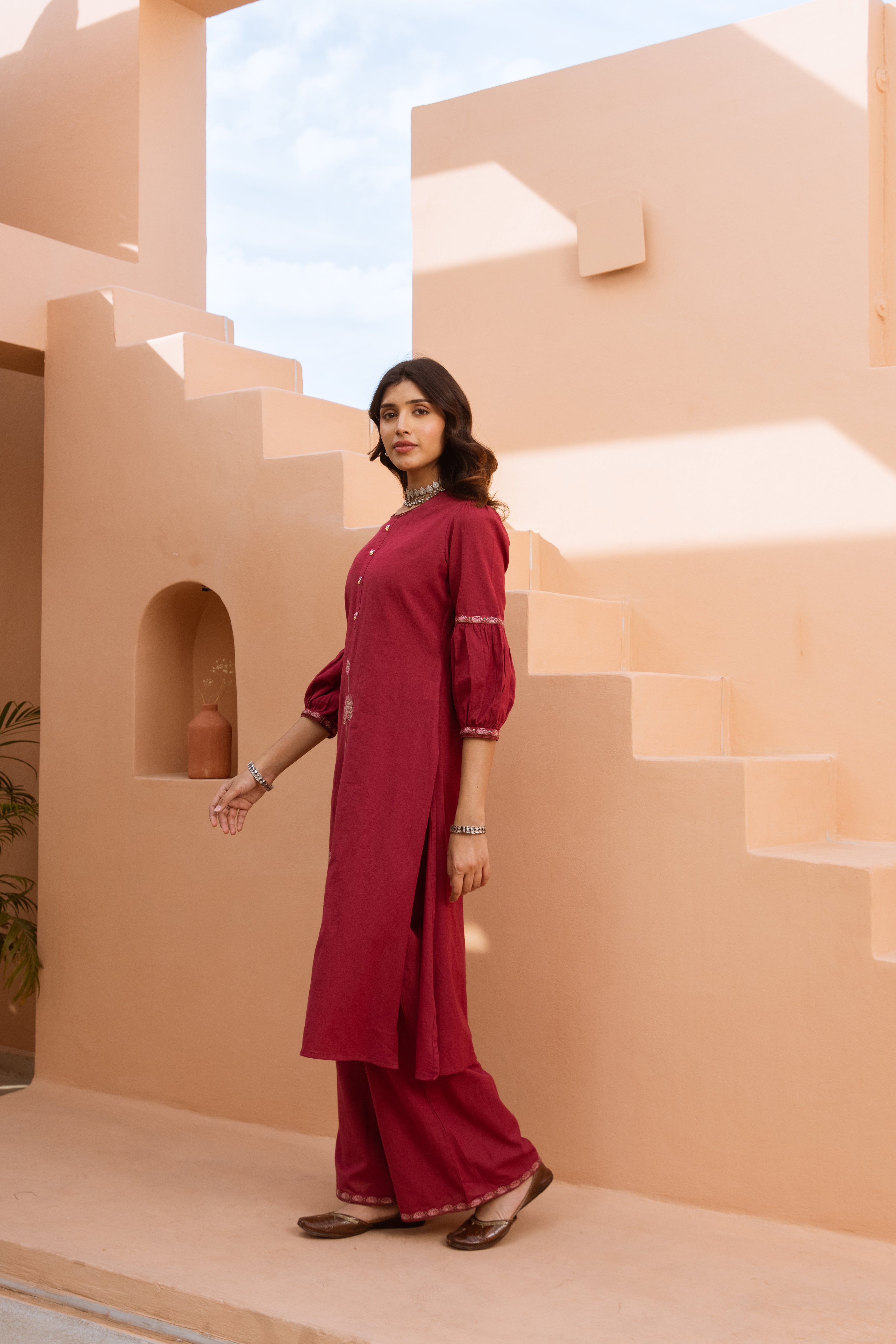 Women's Maroon Cotton Kurta and Palazzo Set