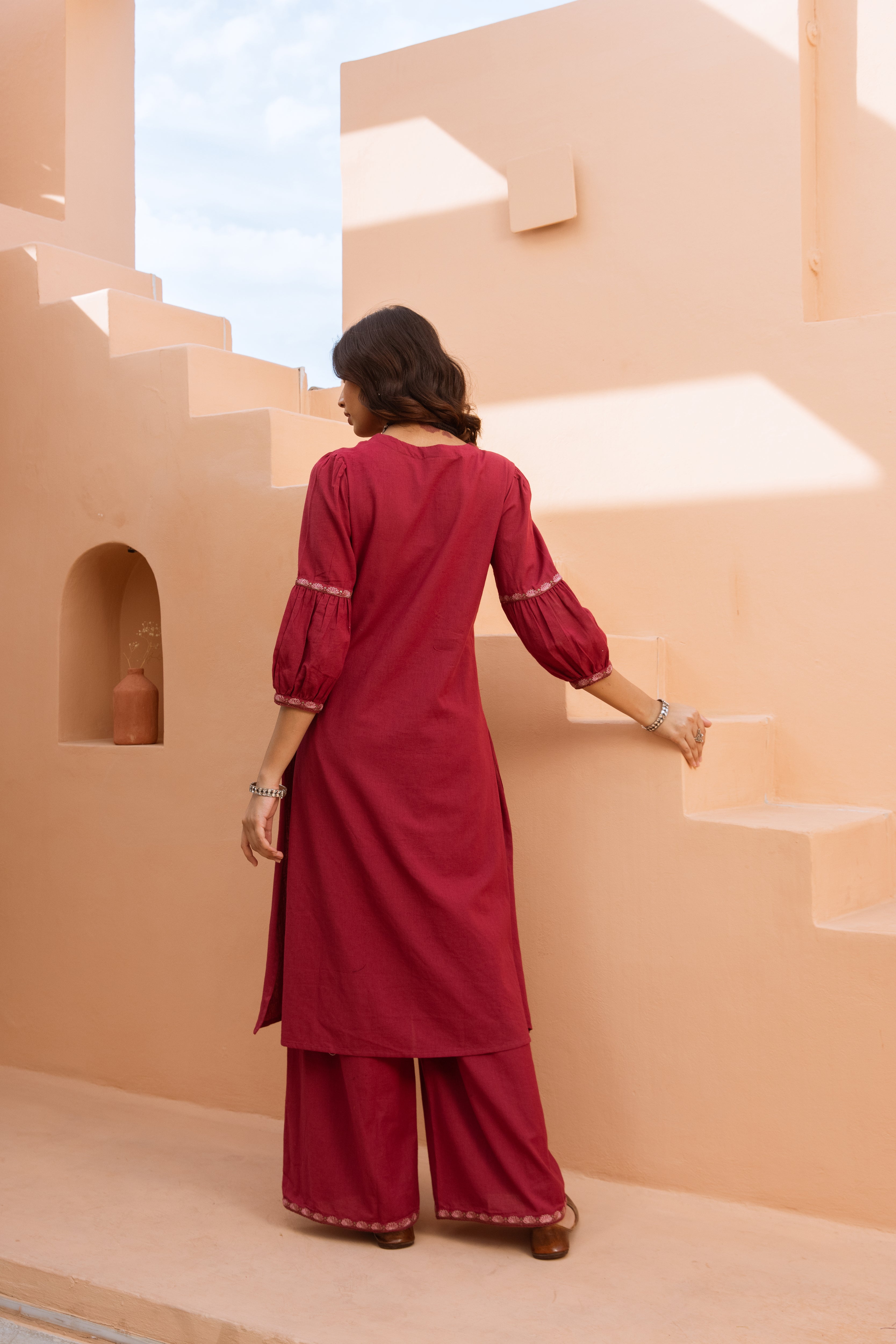 Women's Maroon Cotton Kurta and Palazzo Set