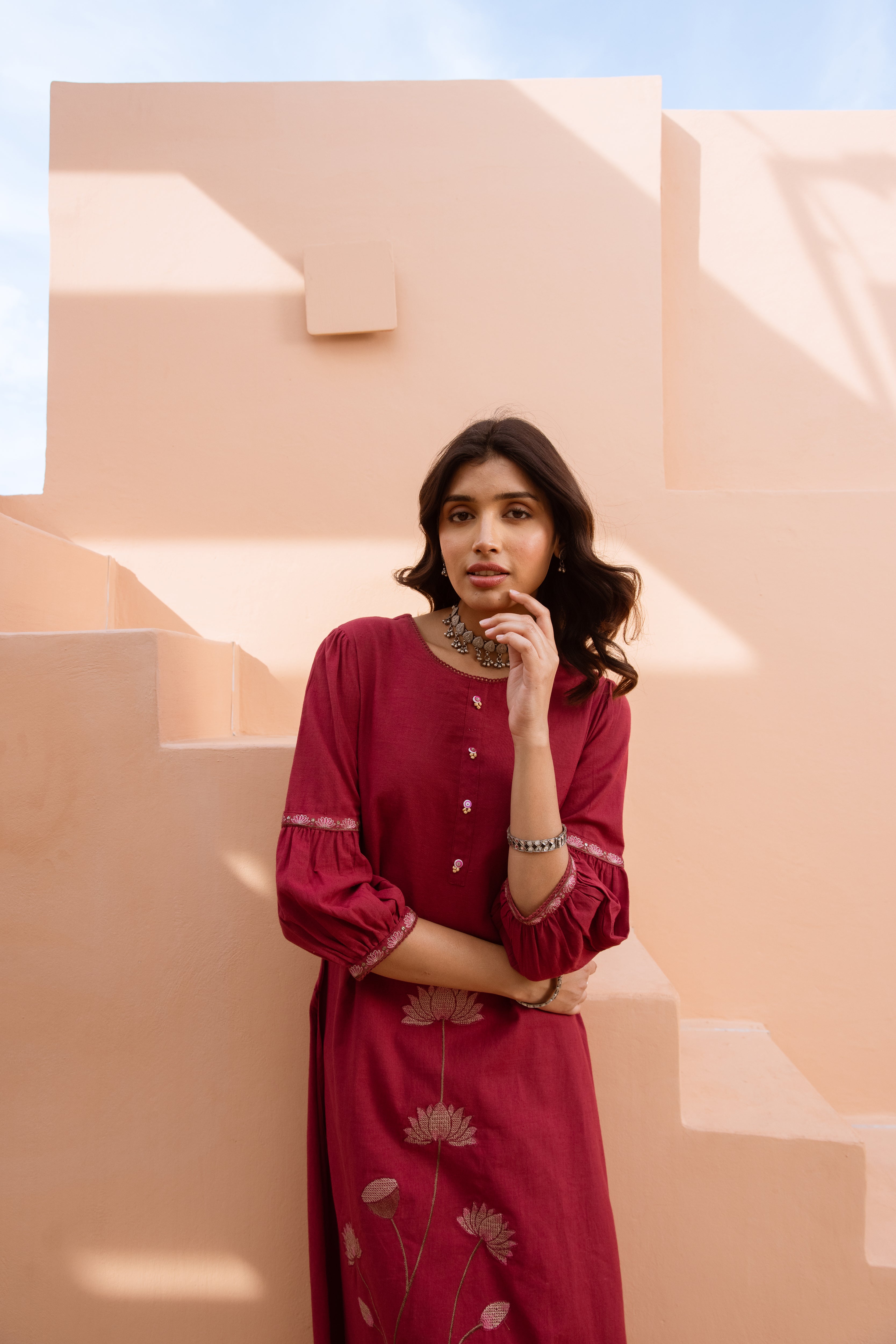 Women's Maroon Cotton Kurta and Palazzo Set