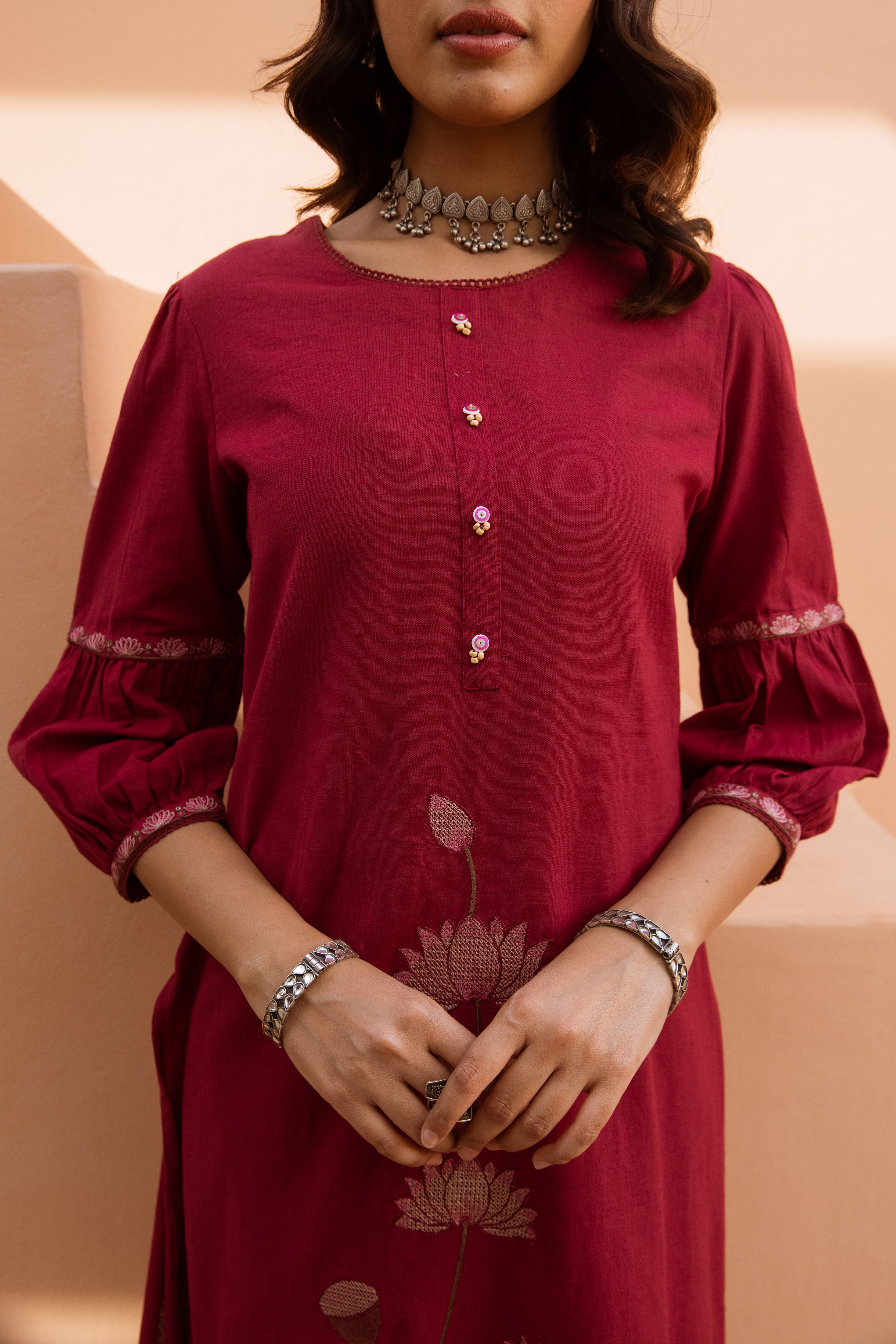 Women's Maroon Cotton Kurta and Palazzo Set