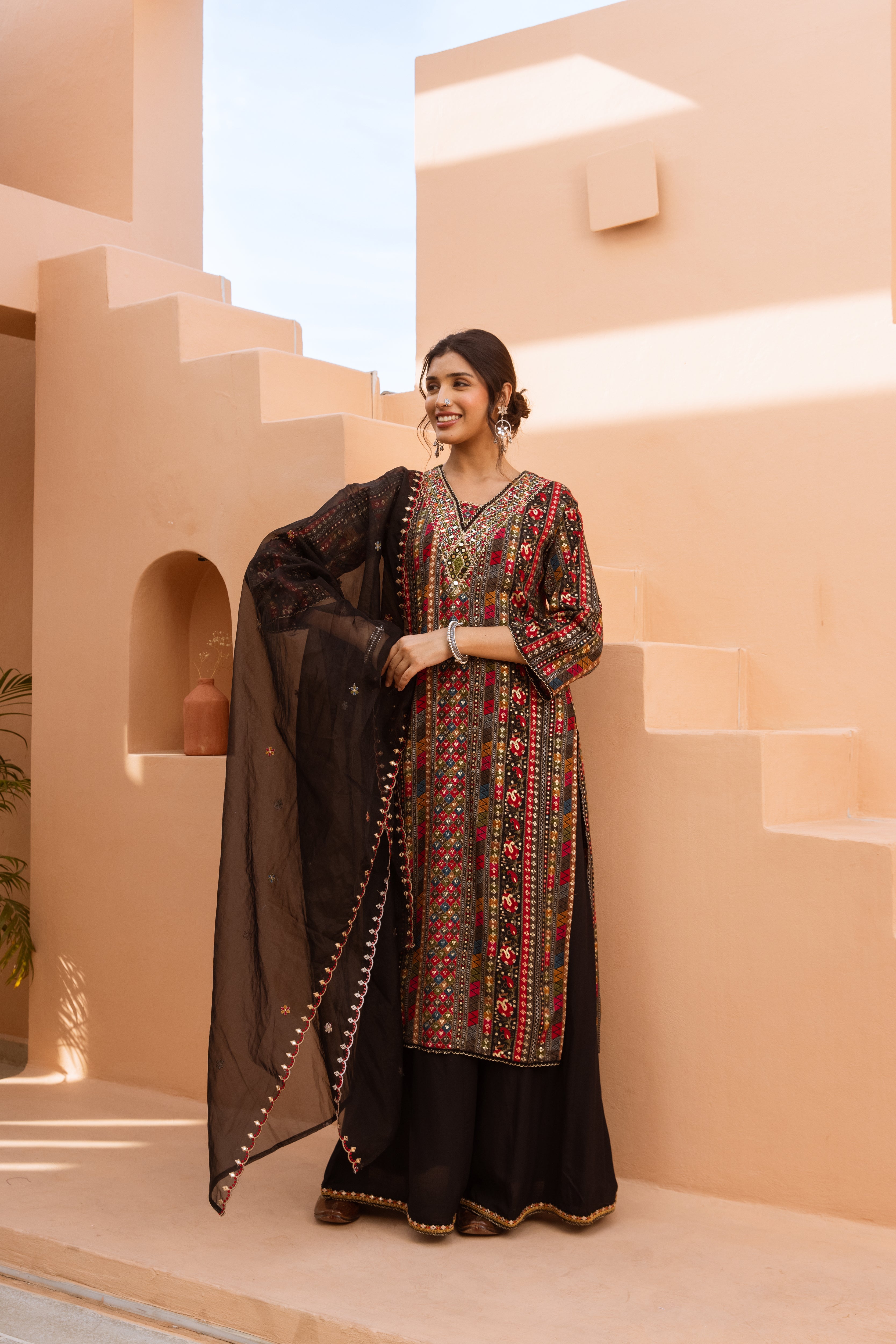 Multicolor German Rayon Kurta Palazzo and Dupatta Set