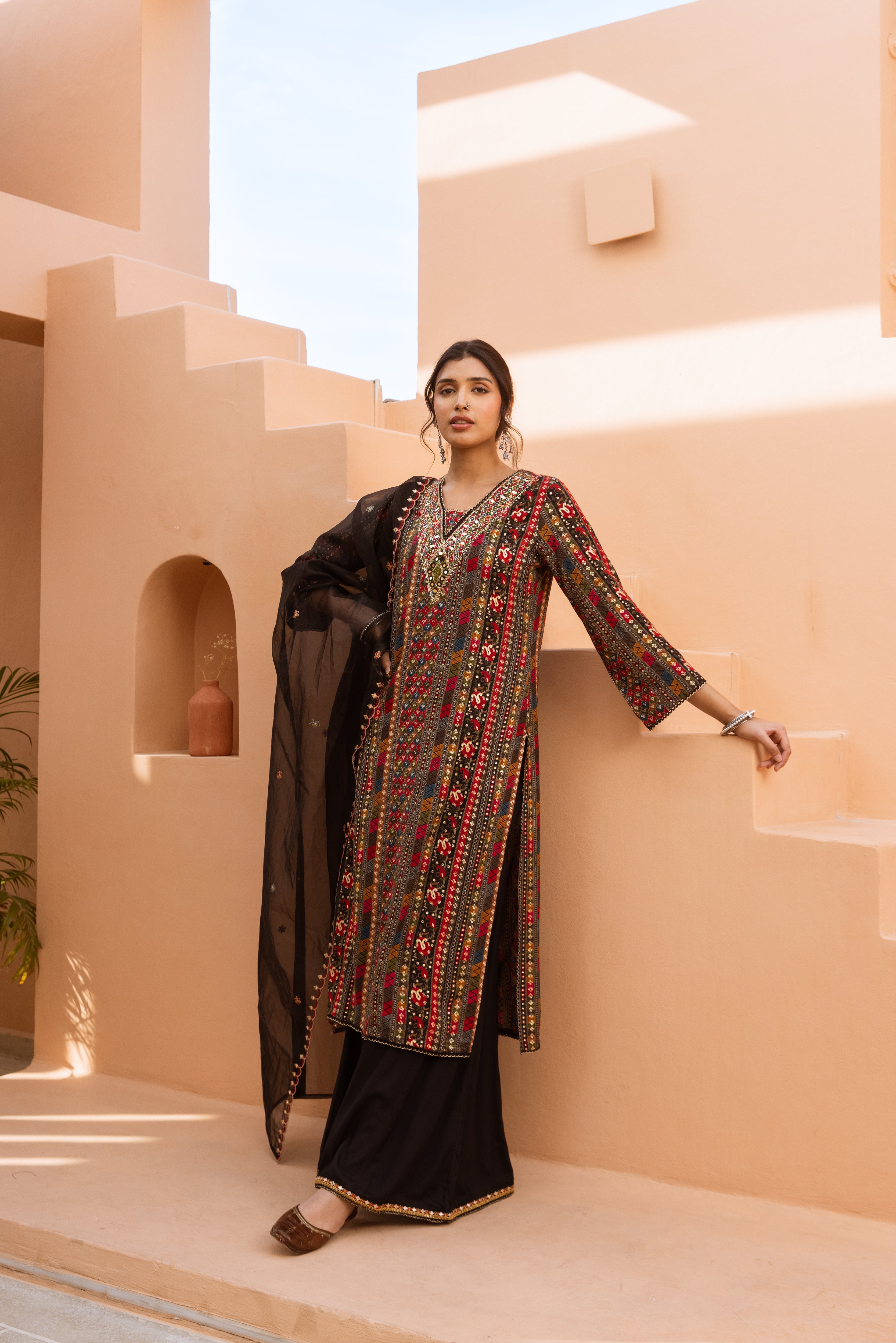 Multicolor German Rayon Kurta Palazzo and Dupatta Set
