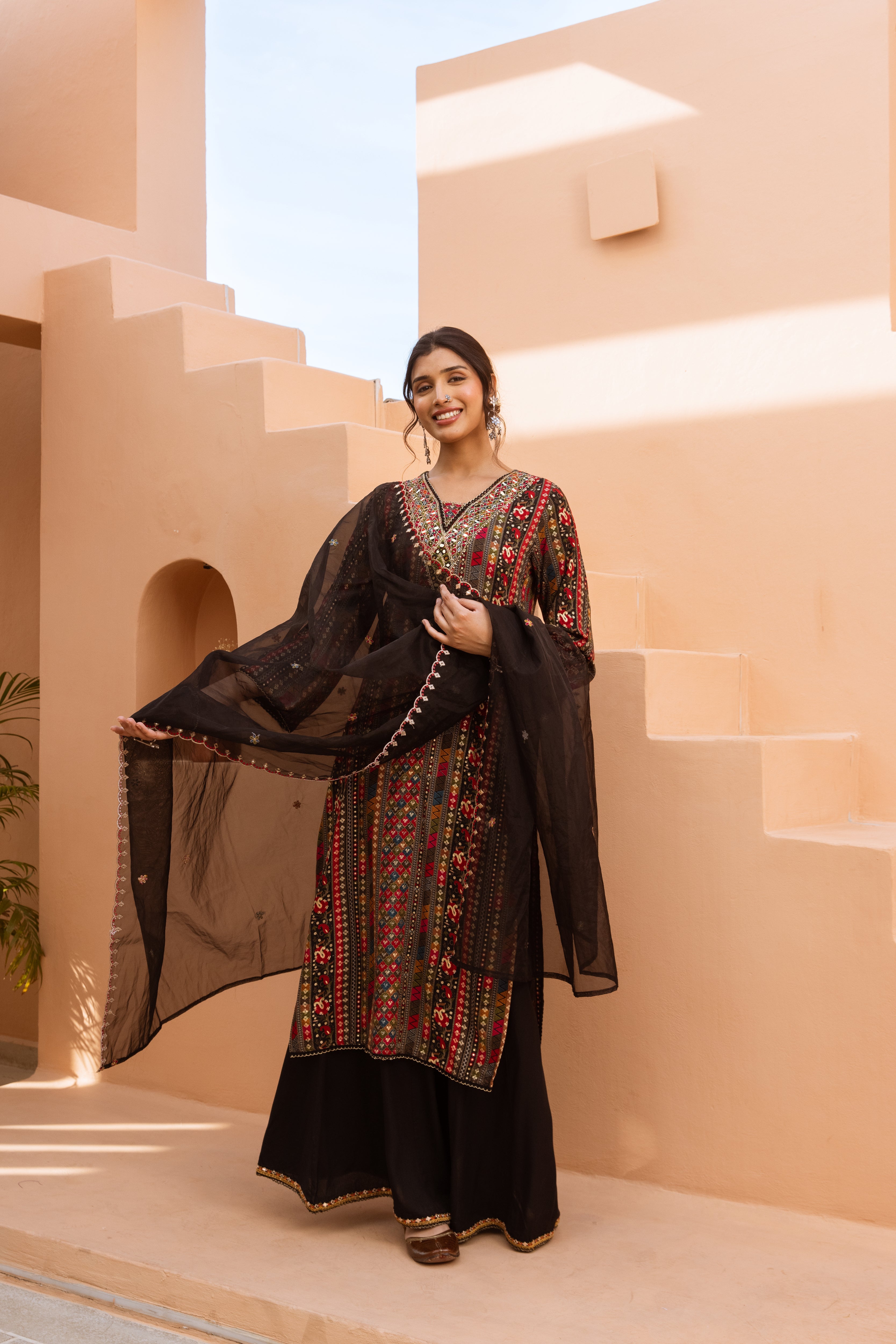 Multicolor German Rayon Kurta Palazzo and Dupatta Set