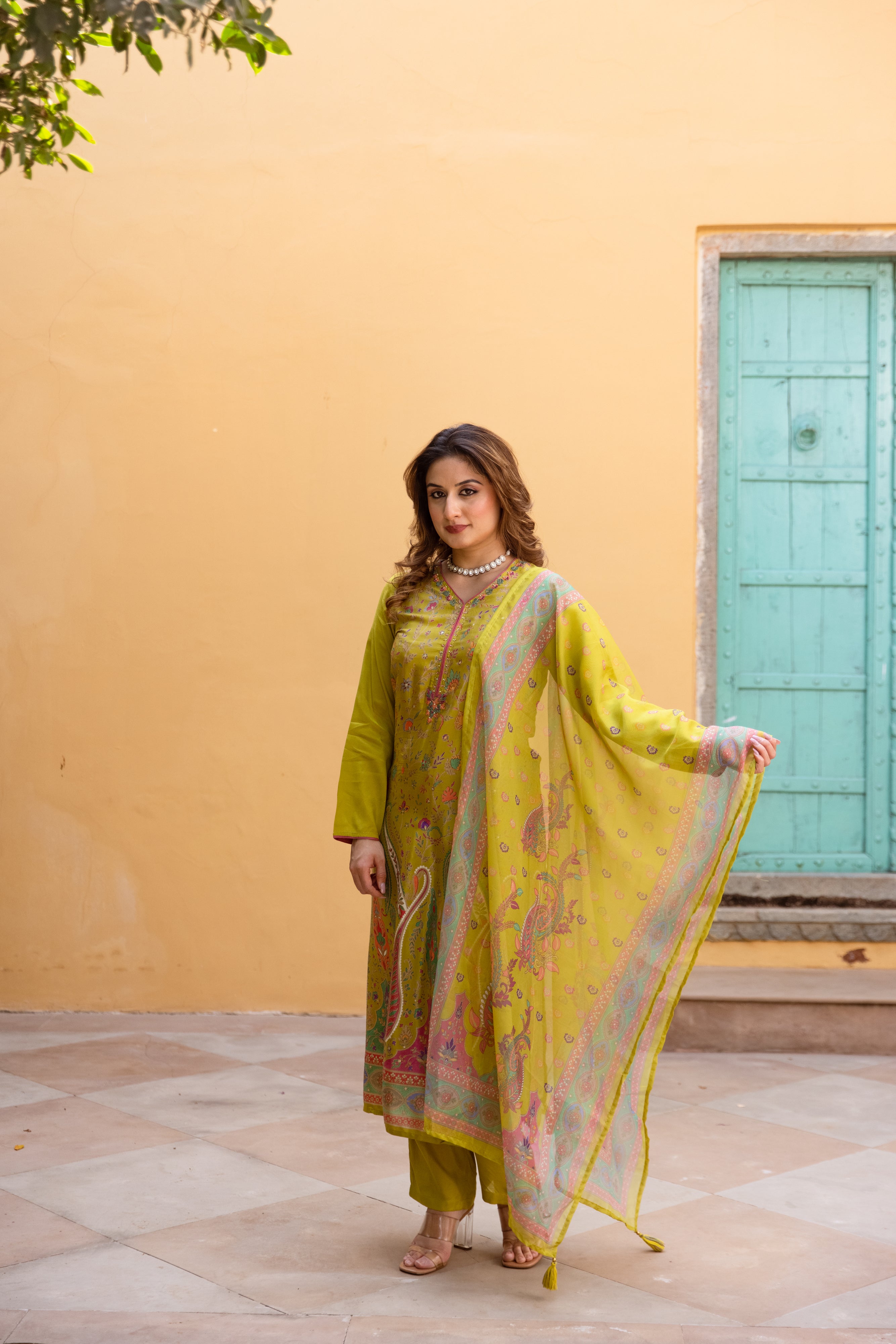 Green Viscose Muslin Kurta Pant and Dupatta Set