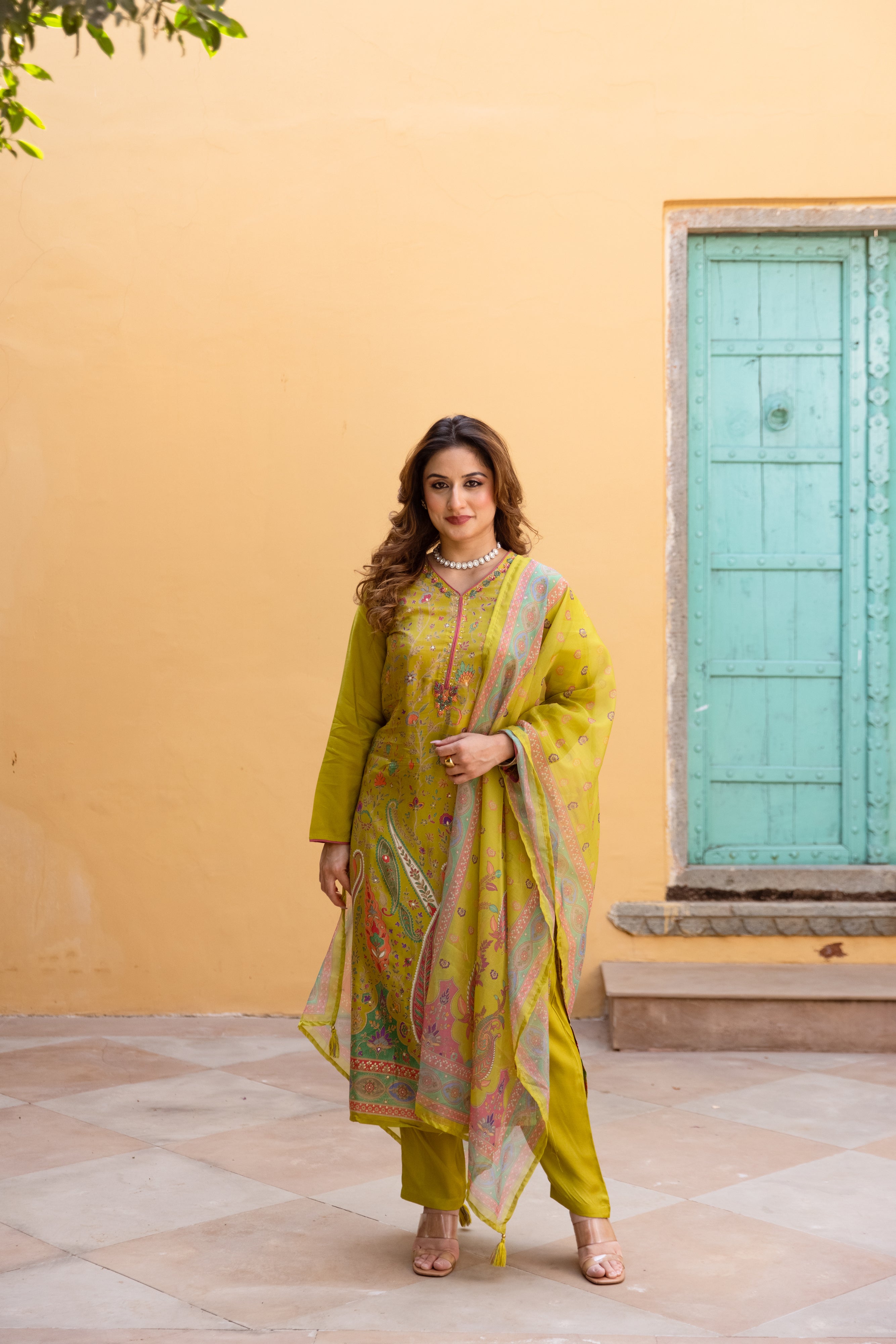 Green Viscose Muslin Kurta Pant and Dupatta Set