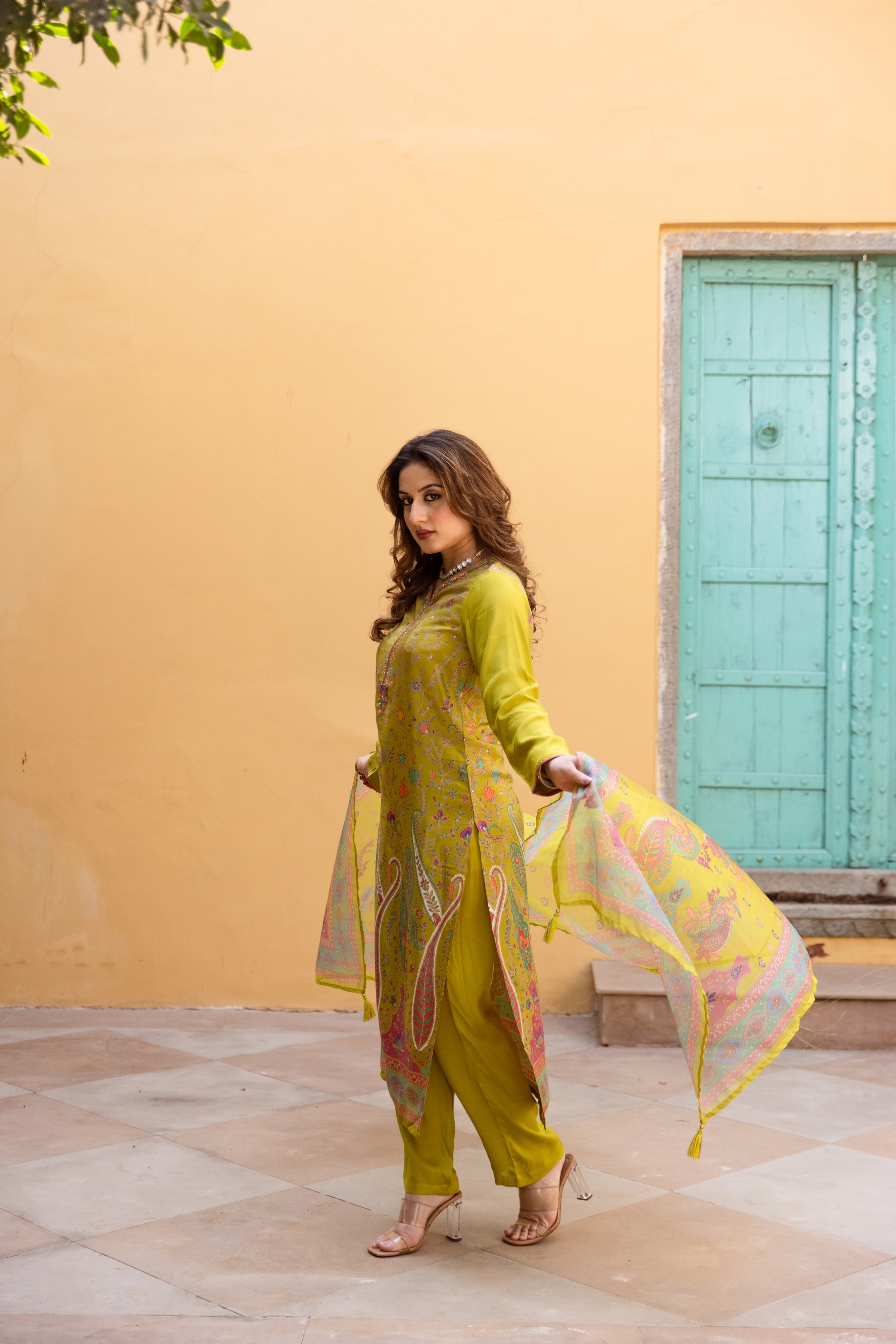 Green Viscose Muslin Kurta Pant and Dupatta Set