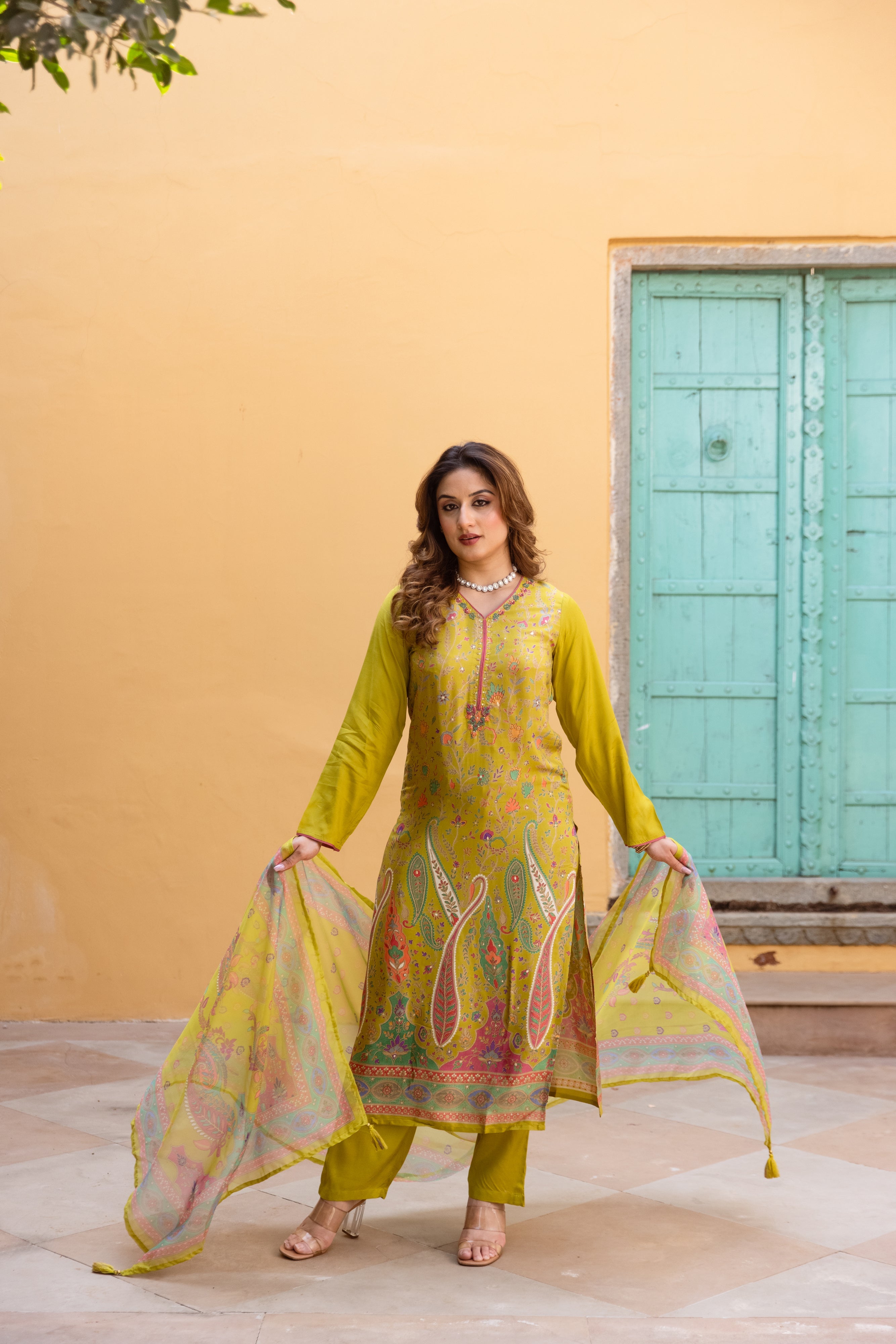 Green Viscose Muslin Kurta Pant and Dupatta Set