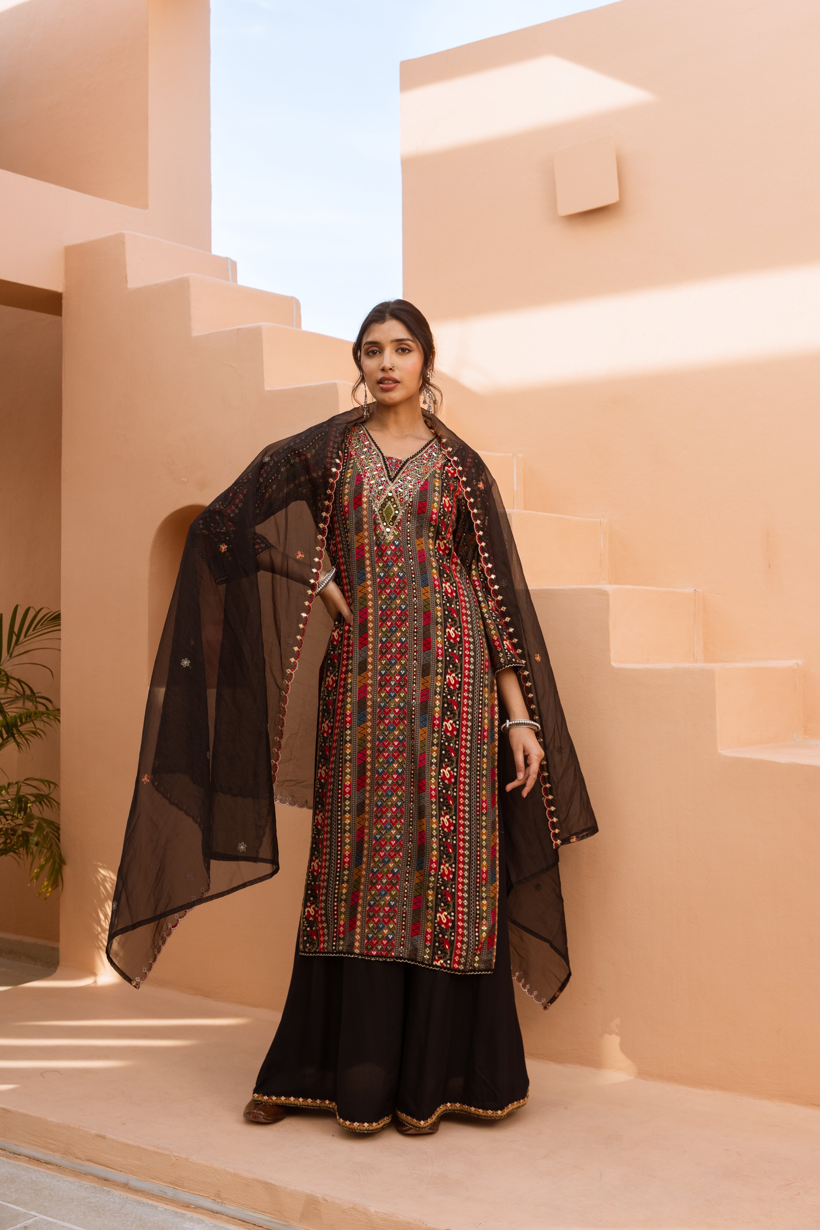 Multicolor German Rayon Kurta Palazzo and Dupatta Set