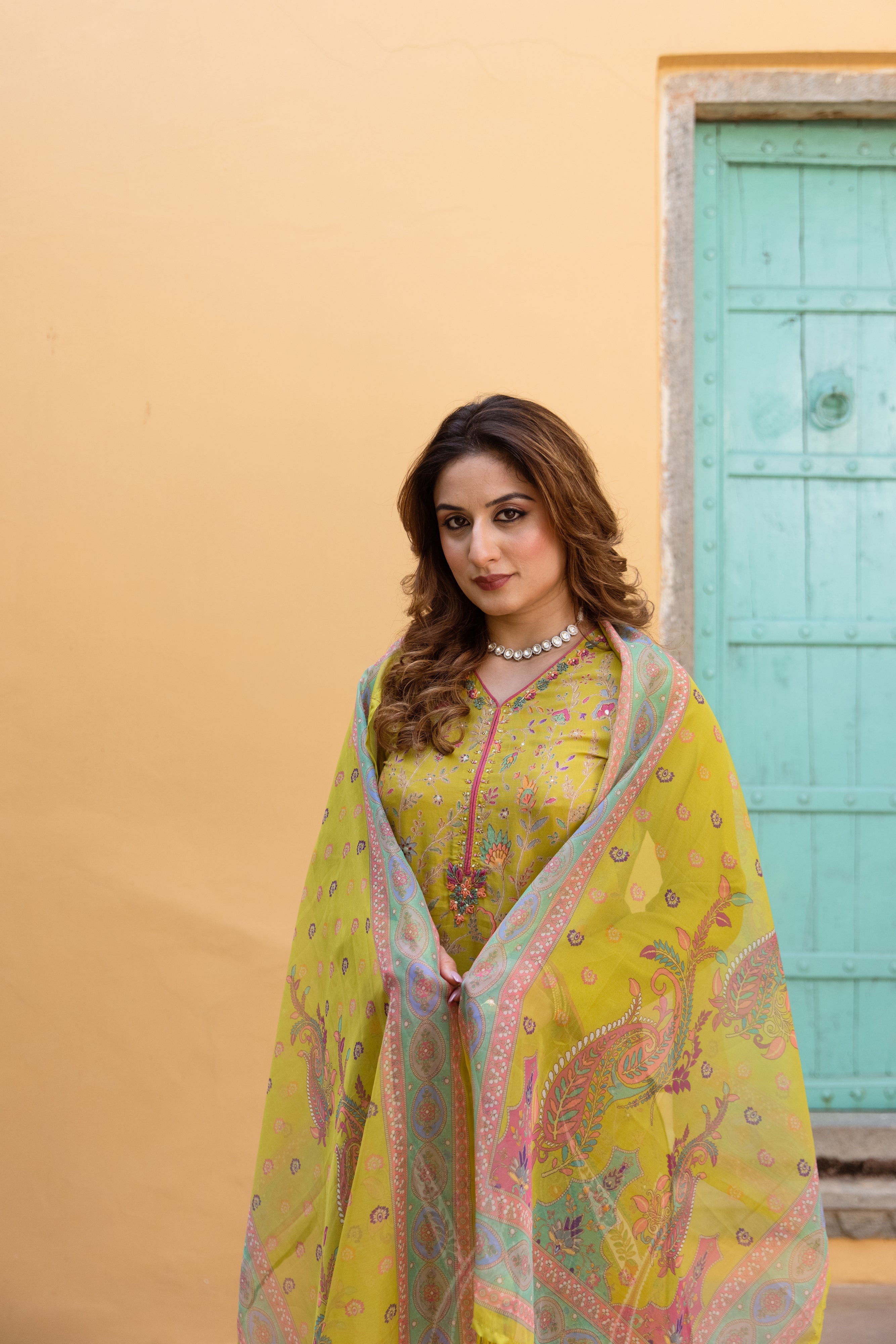 Green Viscose Muslin Kurta Pant and Dupatta Set