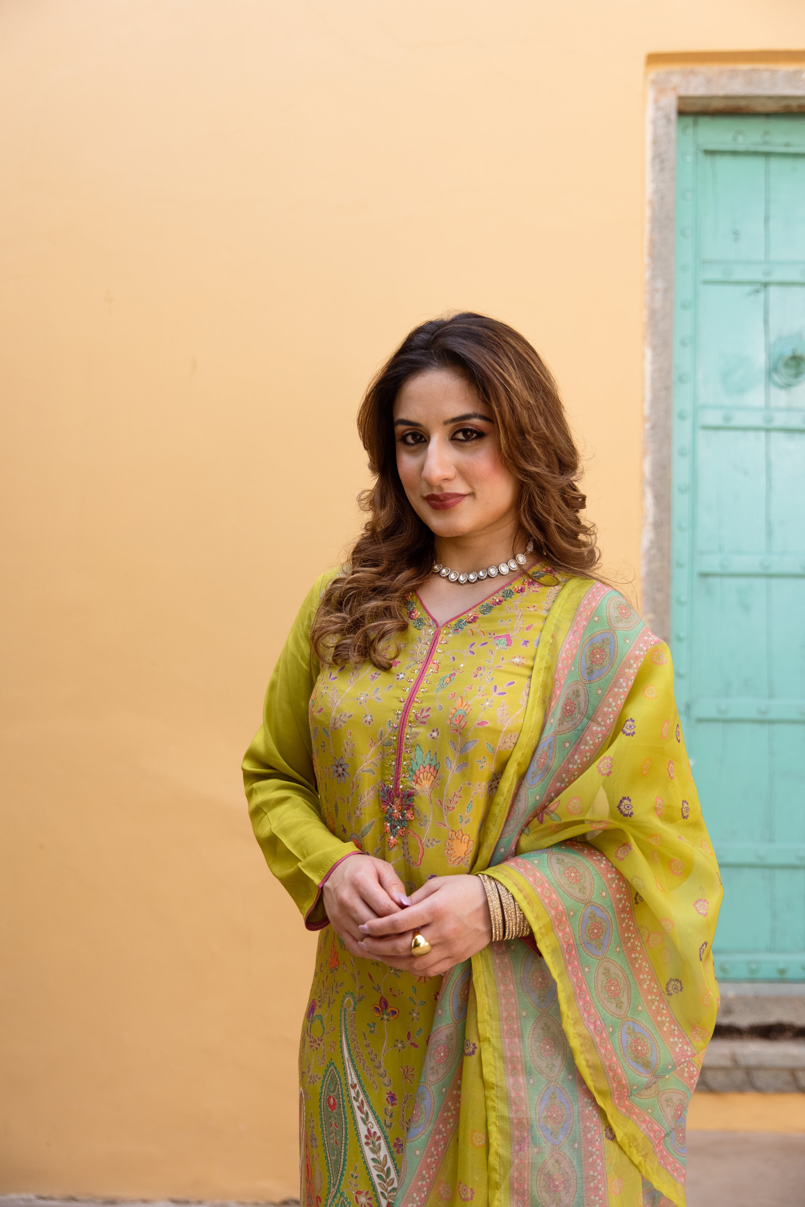 Green Viscose Muslin Kurta Pant and Dupatta Set