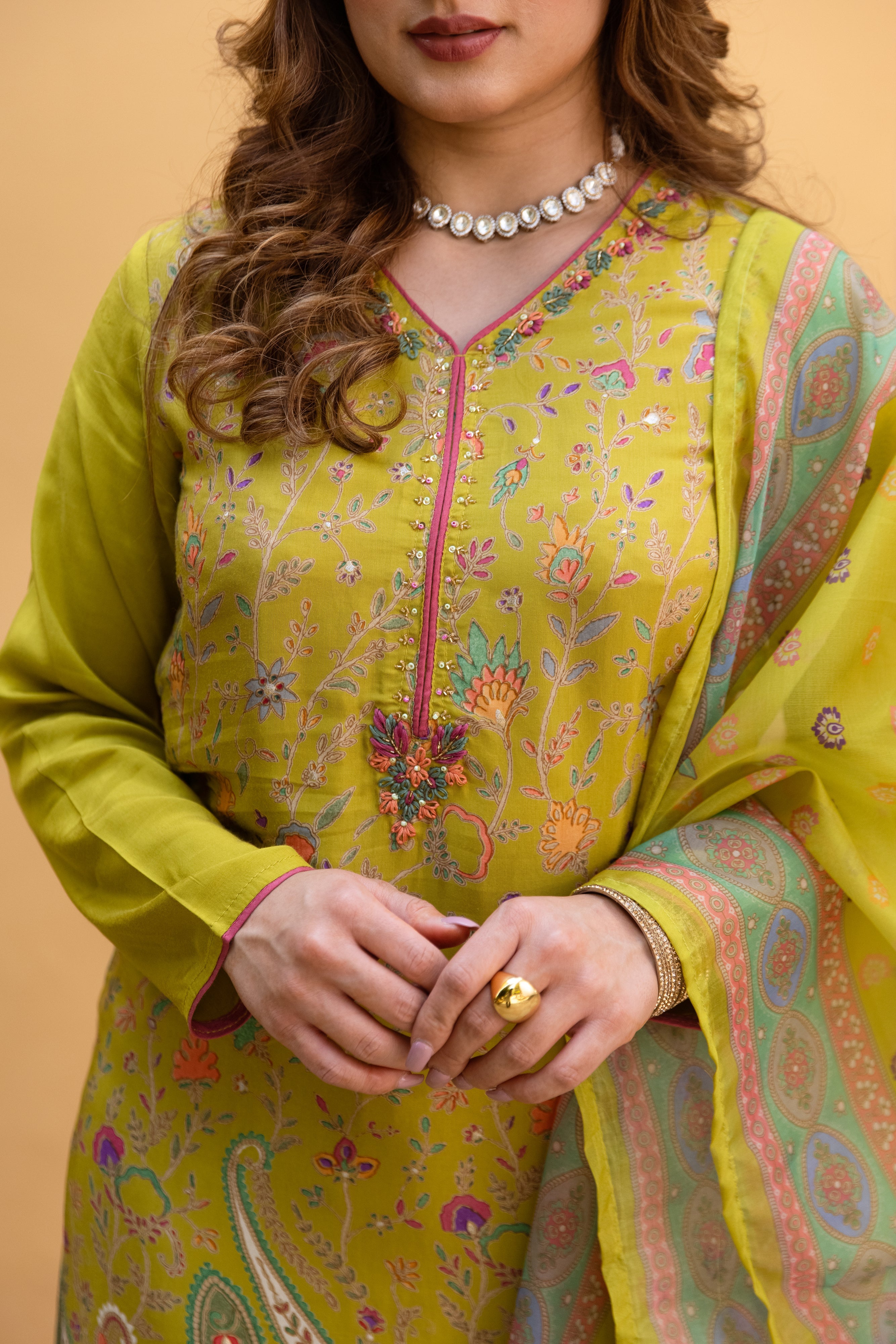Green Viscose Muslin Kurta Pant and Dupatta Set