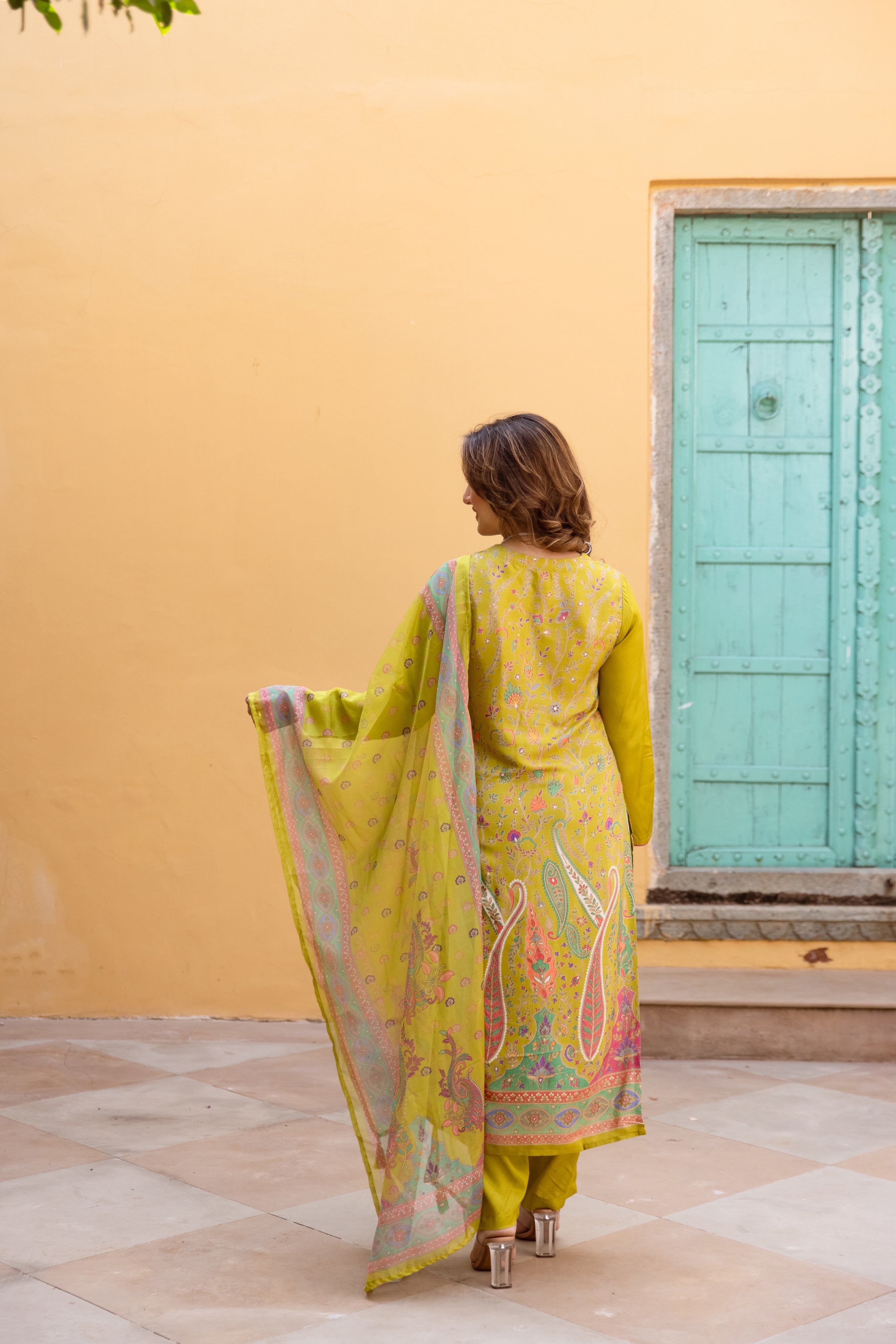 Green Viscose Muslin Kurta Pant and Dupatta Set